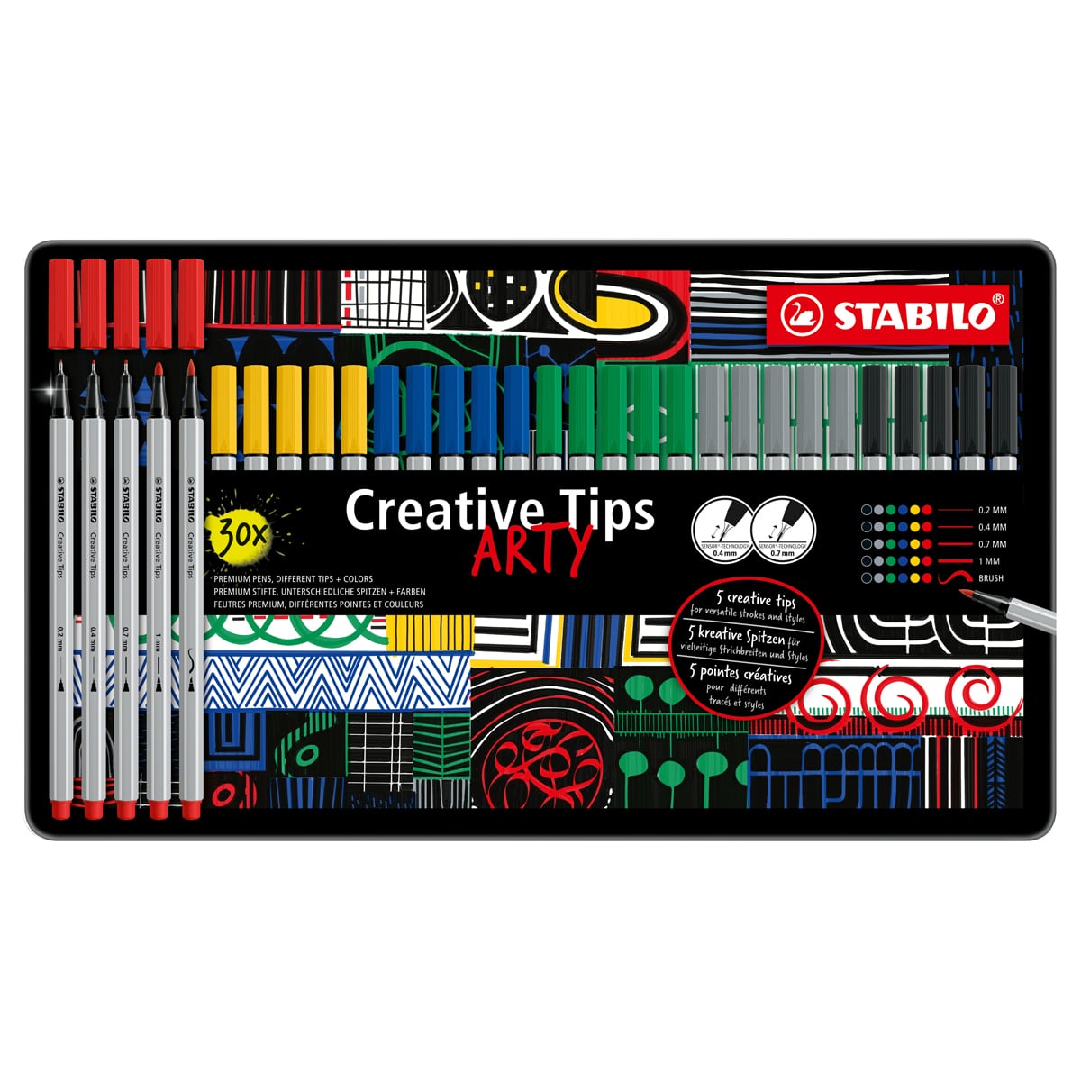 Multi-liner STABILO Creative Tips Sets 30-Piece ARTY Metal Tin Set - One each of Ultramarine, Green, Yellow, Black, Carmine and Medium Cold Grey fineliner in 0.2mm, 0.4mm, 0.7mm, 1mm and brush tips.