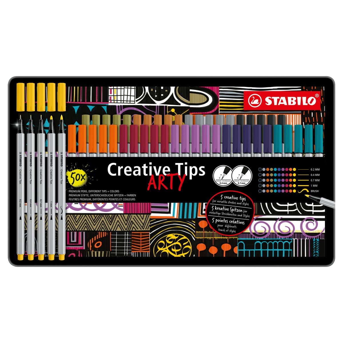 Multi-liner STABILO Creative Tips Sets 50-Piece ARTY Metal Tin Set - One each of Purple, Prussian Blue, Pale Vermillion, Mud Green, Yellow, Black, Turquoise Blue, Plum, Dark Ochre and Medium Cold Grey fineliner in 0.2mm, 0.4mm, 0.7mm, 1mm and brush tips.