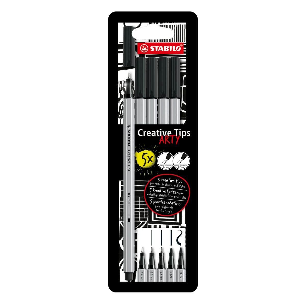 Multi-liner STABILO Creative Tips Sets 5-Piece ARTY Metal Tin Set - One each of Black fineliner in 0.2mm, 0.4mm, 0.7mm, 1mm and brush tips.