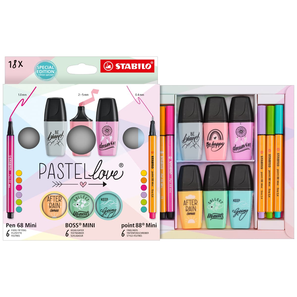 Stabilo Special Edition Pastel Love Pens and Highlighters Set of 18, open packaging