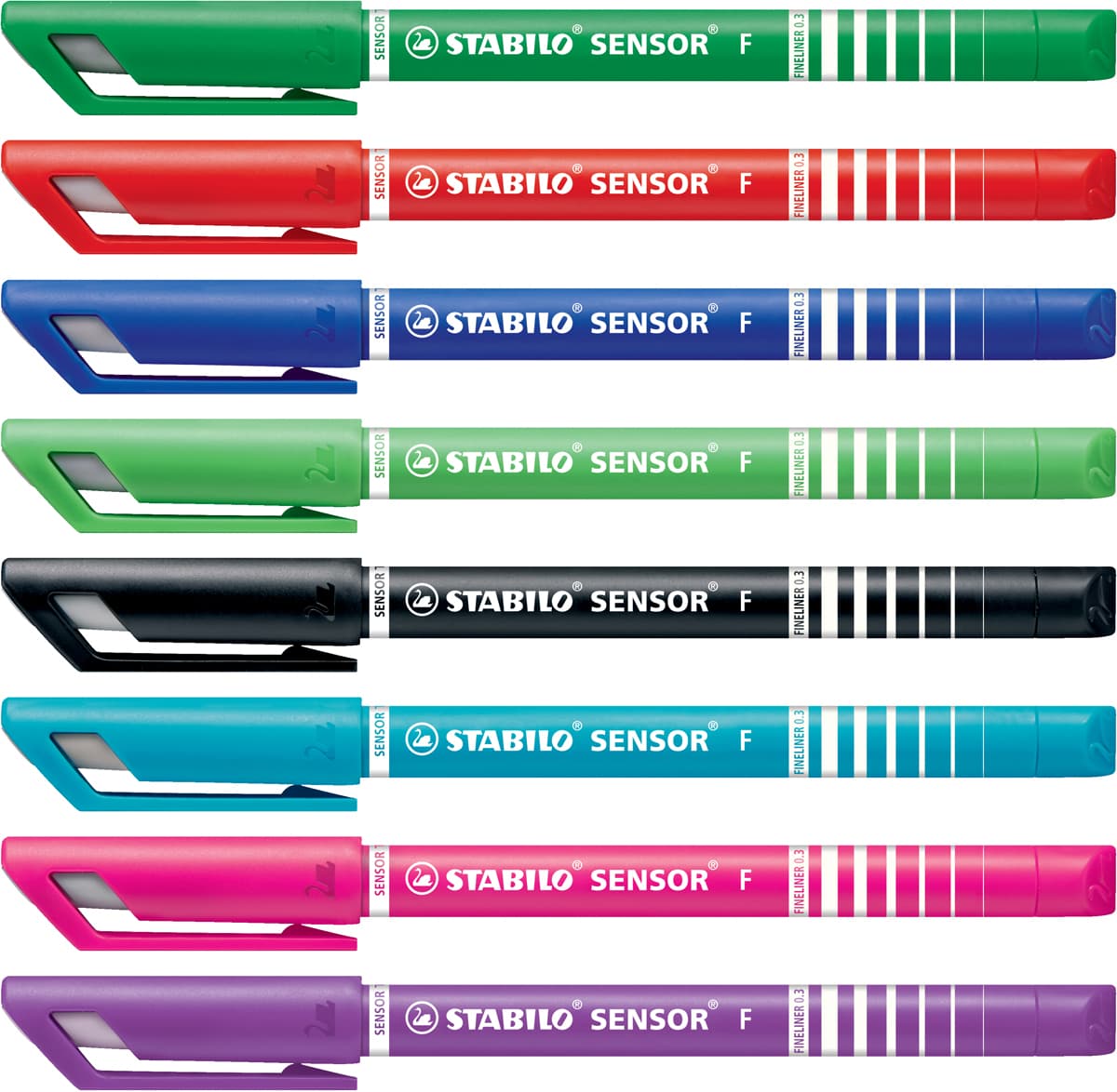 SENSOR Fineliner Pen Wallet Sets 8-Pen Set - Green, Red, Blue, Light Green, Black, Turquoise, Pink & Lilac - Peggable