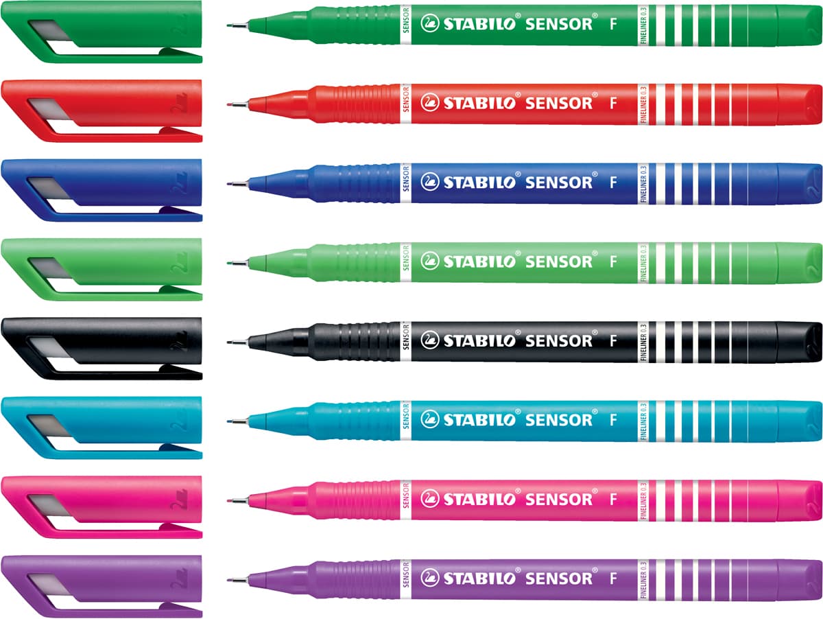 SENSOR Fineliner Pen Wallet Sets 8-Pen Set - Green, Red, Blue, Light Green, Black, Turquoise, Pink & Lilac - Peggable