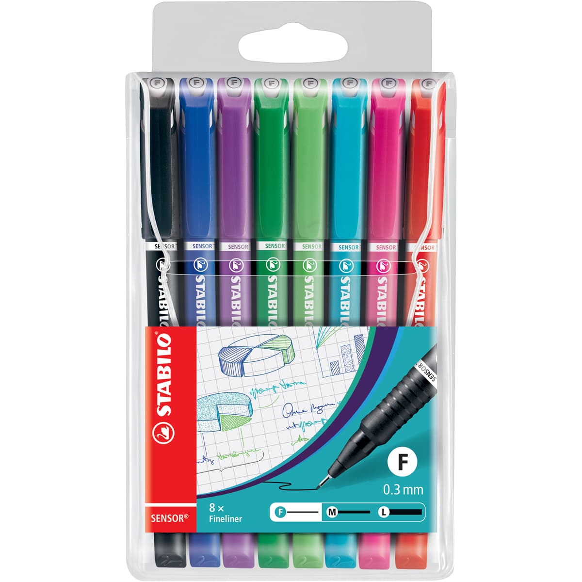 SENSOR Fineliner Pen Wallet Sets 8-Pen Set - Green, Red, Blue, Light Green, Black, Turquoise, Pink & Lilac - Peggable