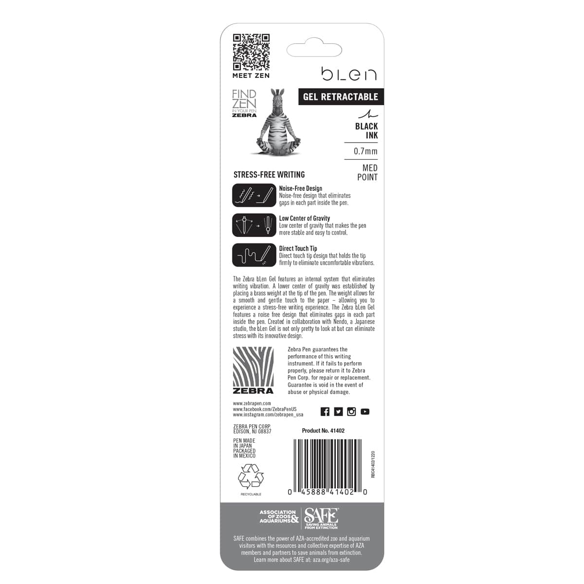 bLen Retractable Gel Pen .7mm White Barrel with Black Ink - 2/pkg.