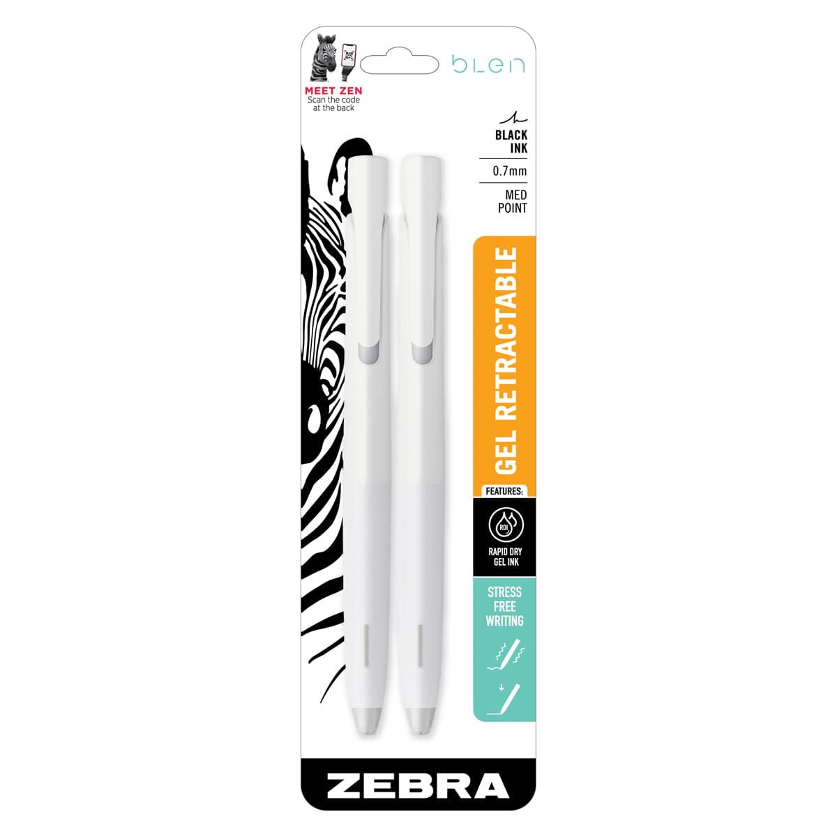 bLen Retractable Gel Pen .7mm White Barrel with Black Ink - 2/pkg.