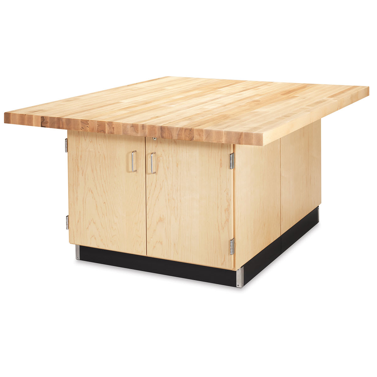 Diversified Spaces 4 sided workstation front view showing locking cabinet doors closed