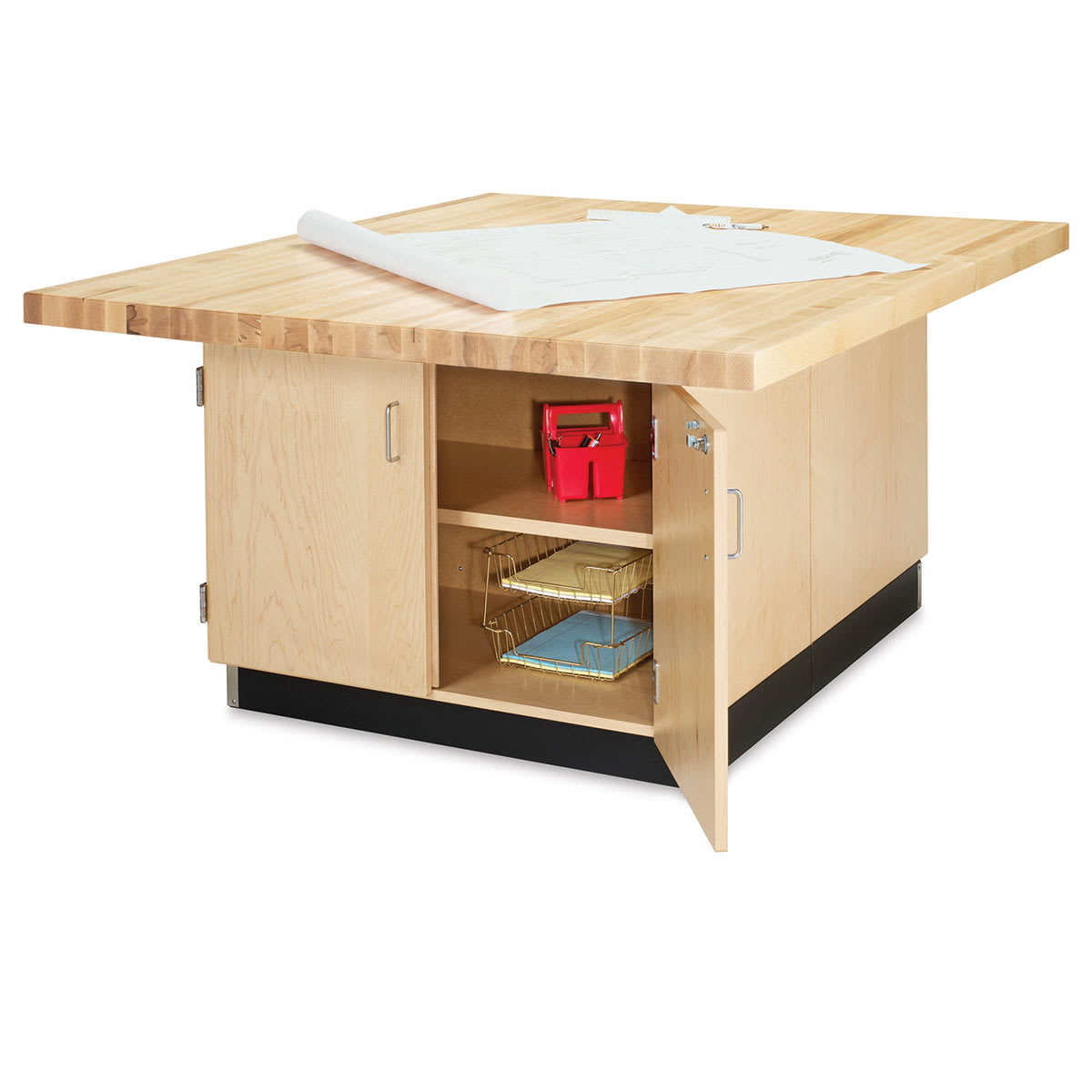 Diversified Spaces 4 Station Workbench showing door open and inside storage area