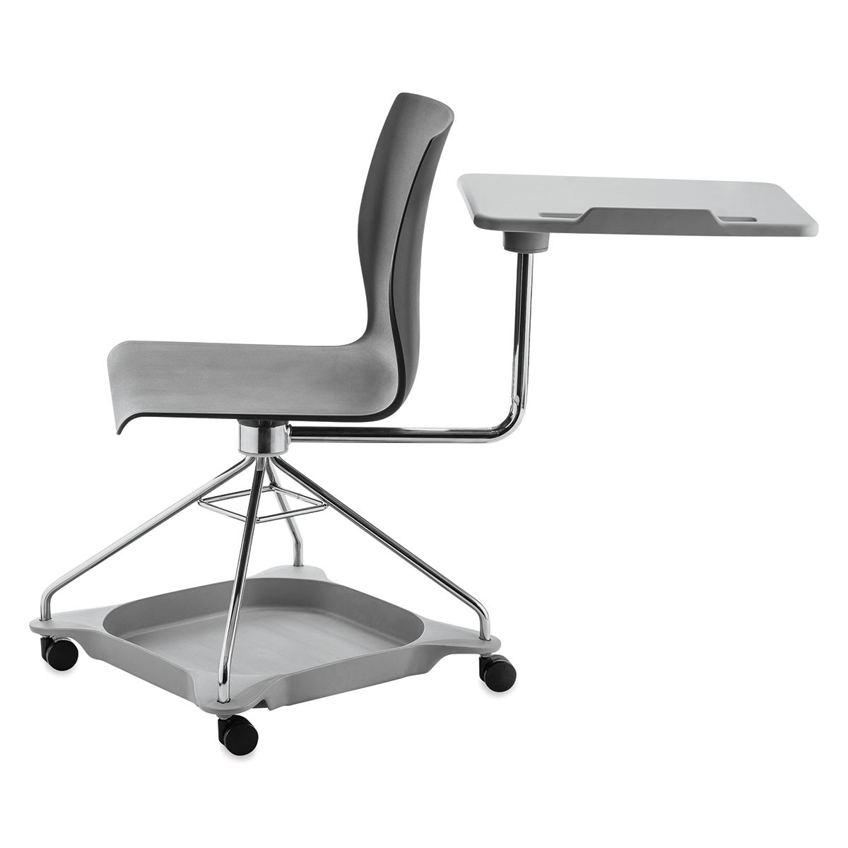 National Public Seating Black CoGo Chair-side view showing storage tray and tablet arm in rear