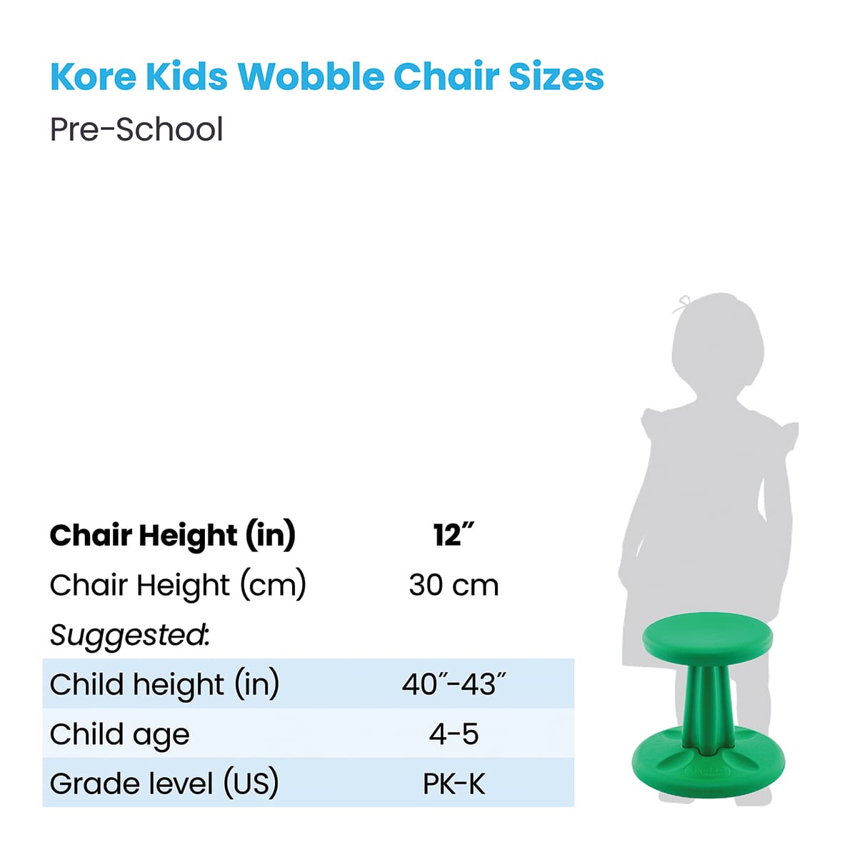Kore Design Preschool Wobble Stool  - Chart showing recommended Child Size for Chair