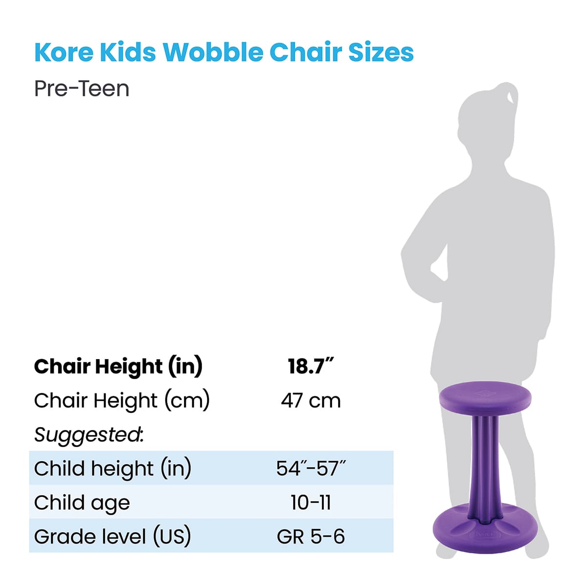 Kore Design Preteen Wobble Chair, Size Chart
