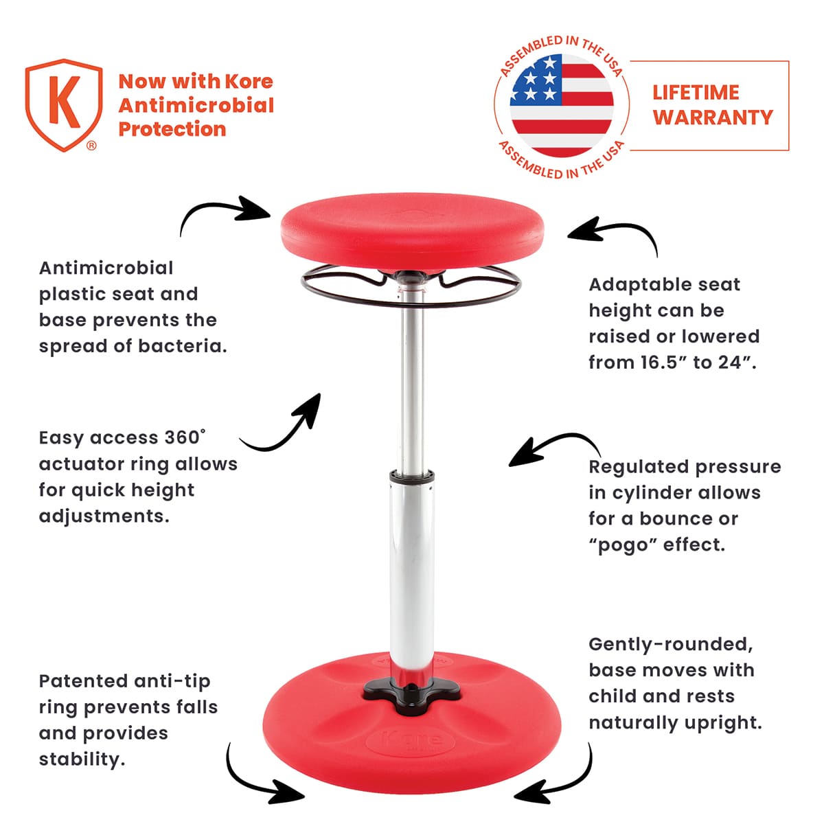 Kore Design Kids Tall Adjustable Chair chart outlining features.