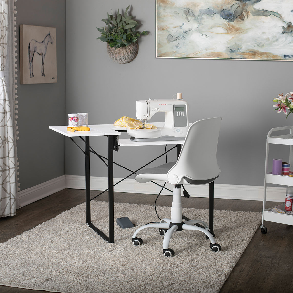 Studio Designs Folding Back Modern Swivel Office Task Chair - White and Gray chair in office setting