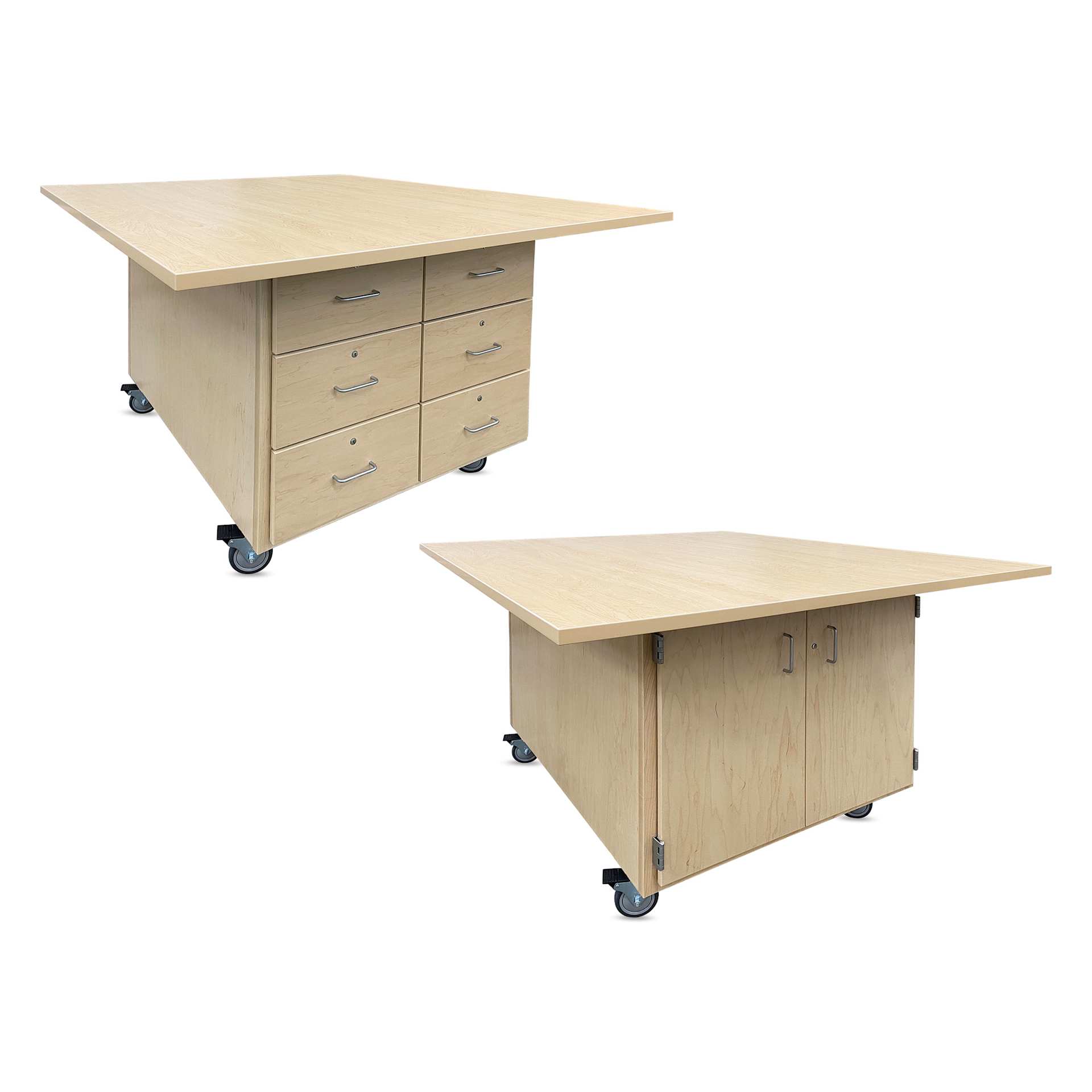 Hann Mobile Workstation - 2-Door, Maple Laminate Top with 6-Drawers, both sides shown