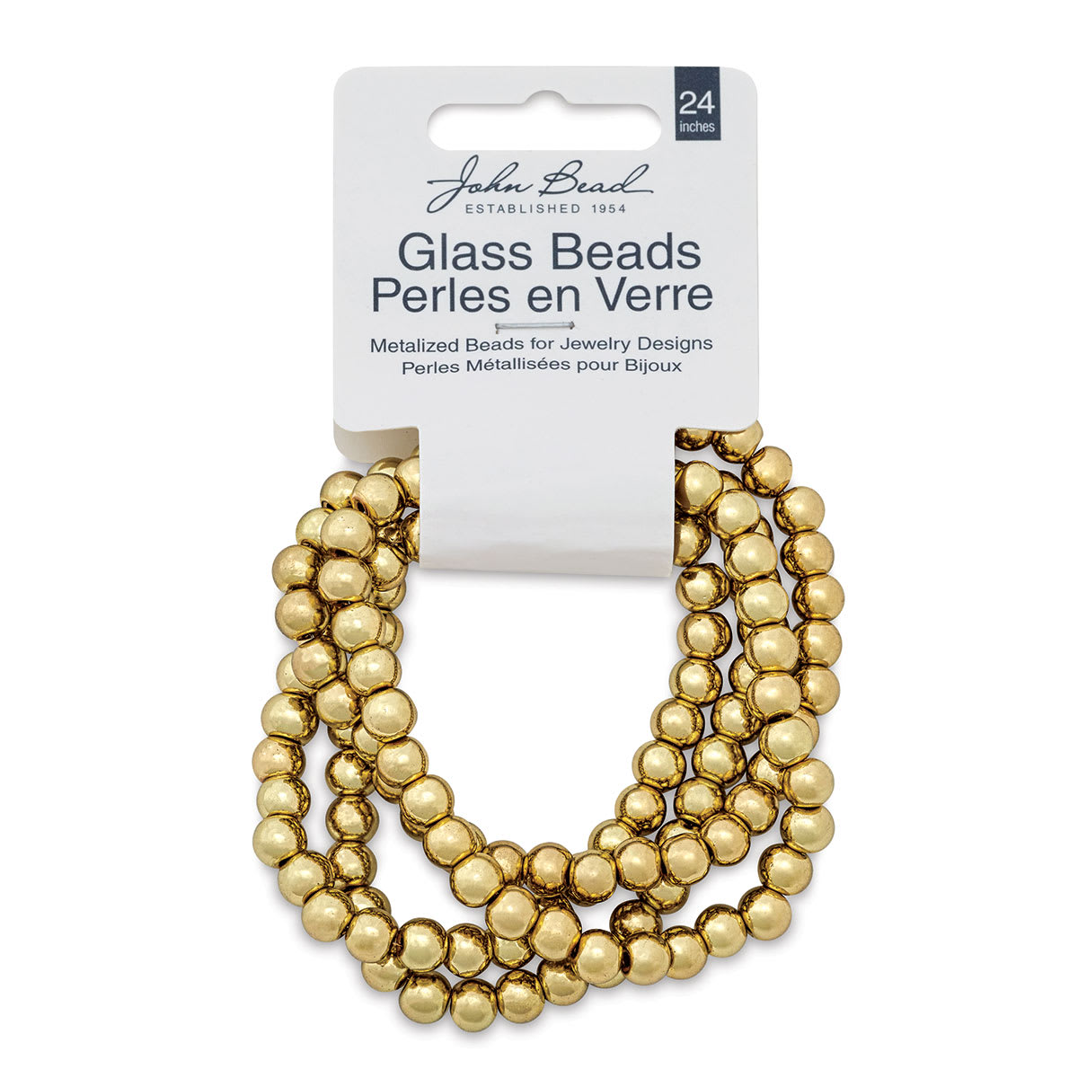 John Bead Metalized Glass Beads - 24" Gold 6 mm Strand in Hanging package
