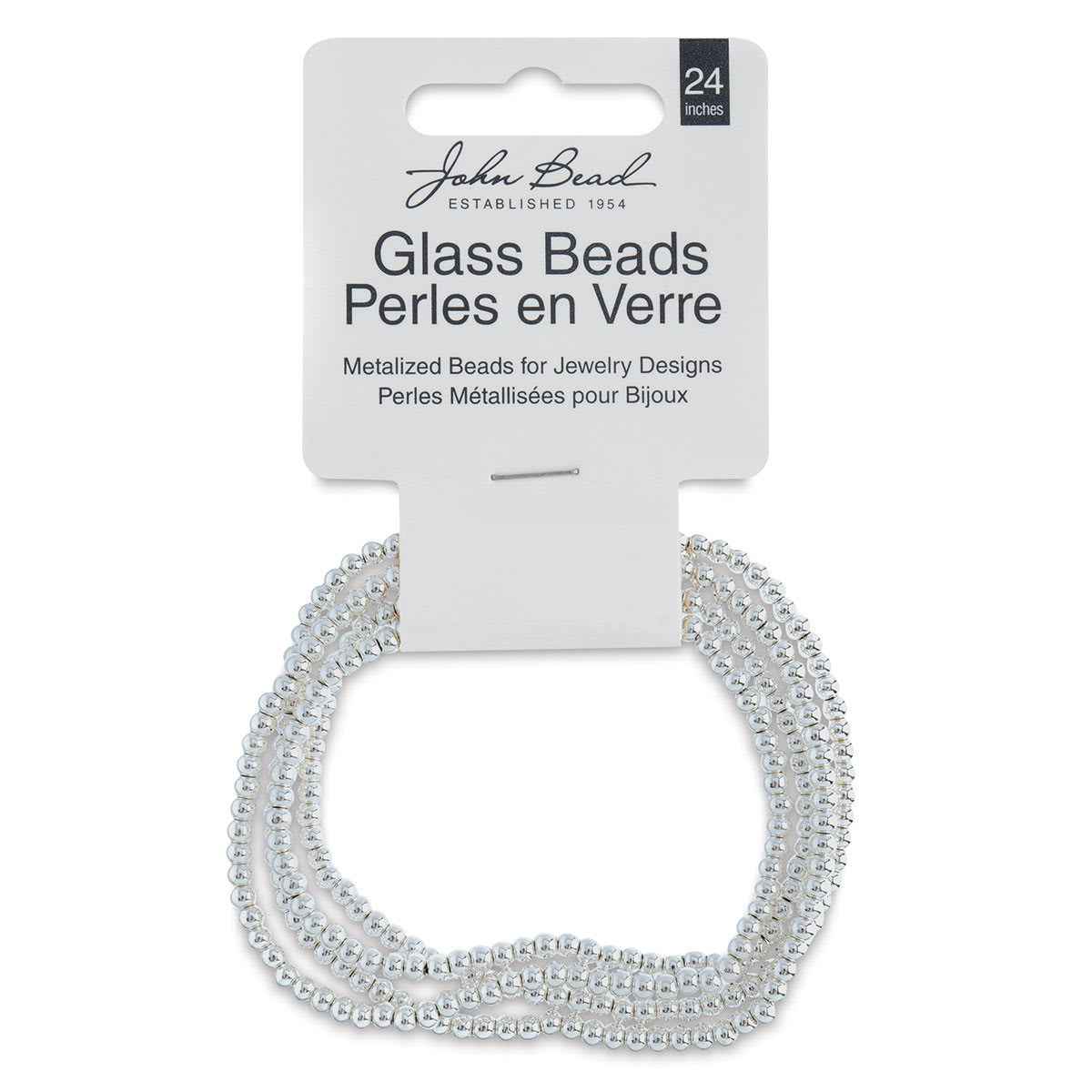 John Bead Metalized Glass Beads - 24" Silver 2 mm Strand in Hanging package