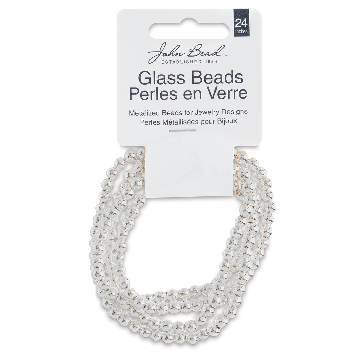 John Bead Metalized Glass Beads - 24" Silver 4 mm Strand in Hanging package