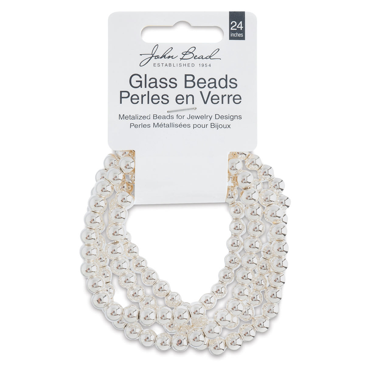 John Bead Metalized Glass Beads - 24" Silver 6 mm Strand in Hanging package