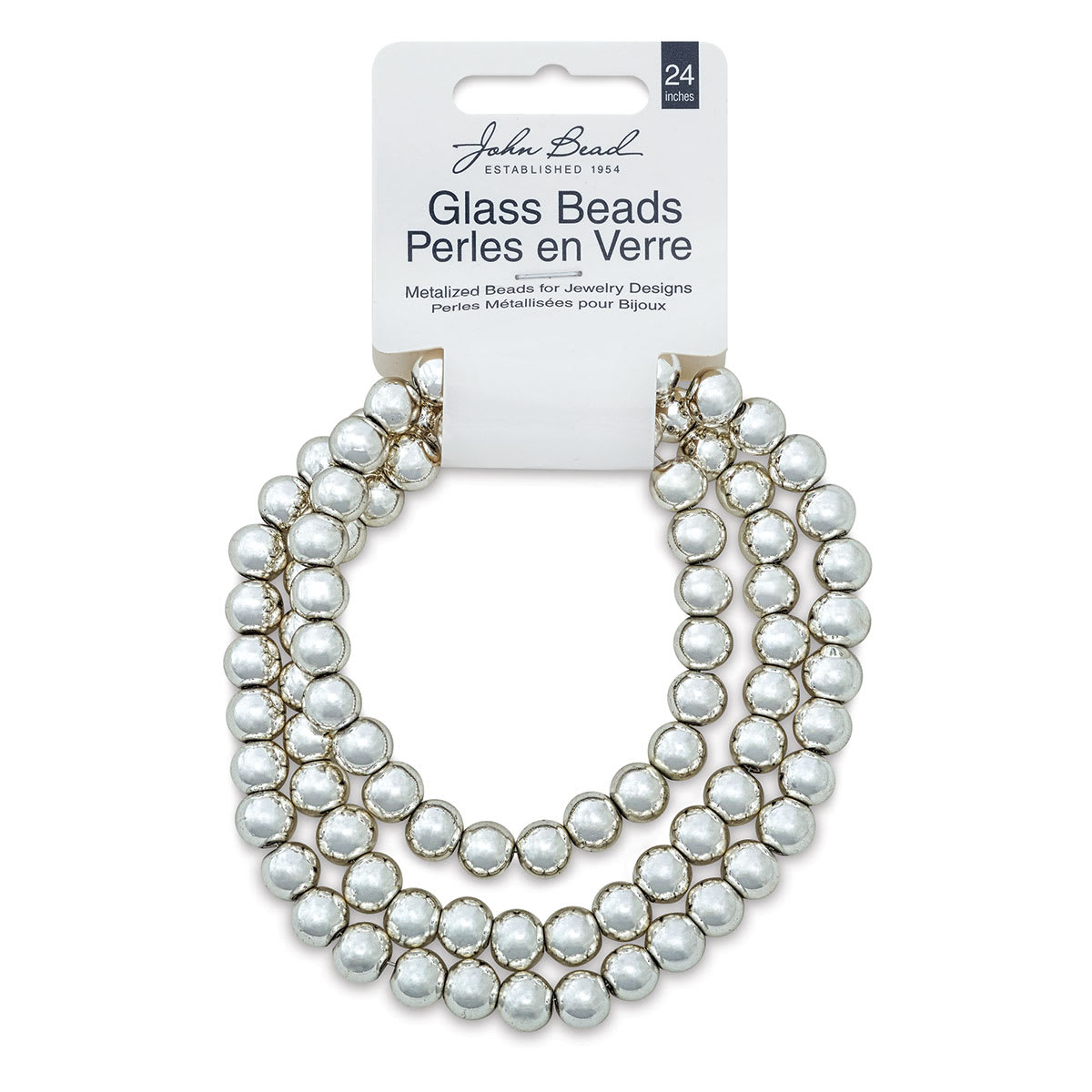 John Bead Metalized Glass Beads - 24" Silver 8 mm Strand in Hanging package