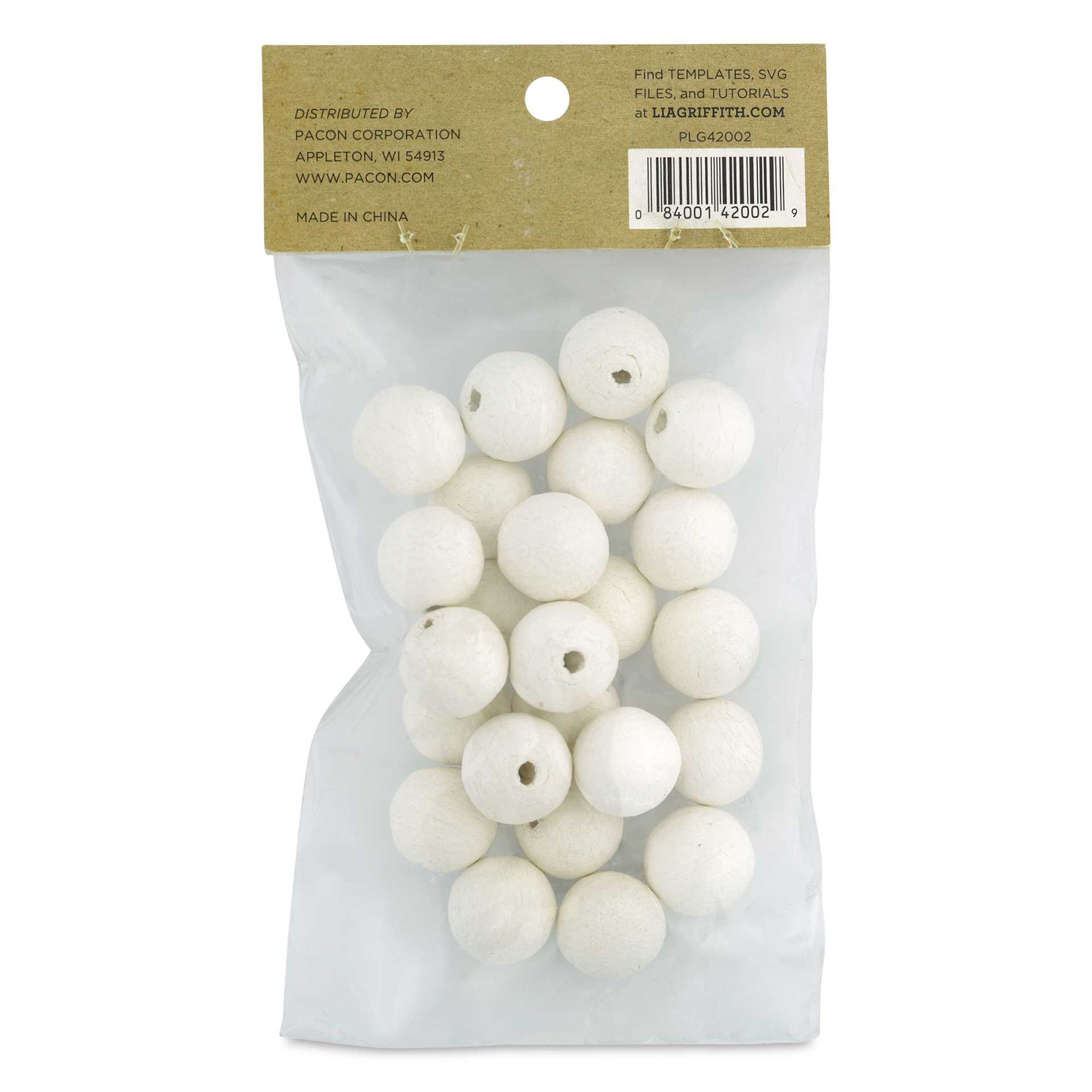Lia Griffith Cotton Spun Paper Balls - White, 20 mm, Pkg of 24, back of the packaging
