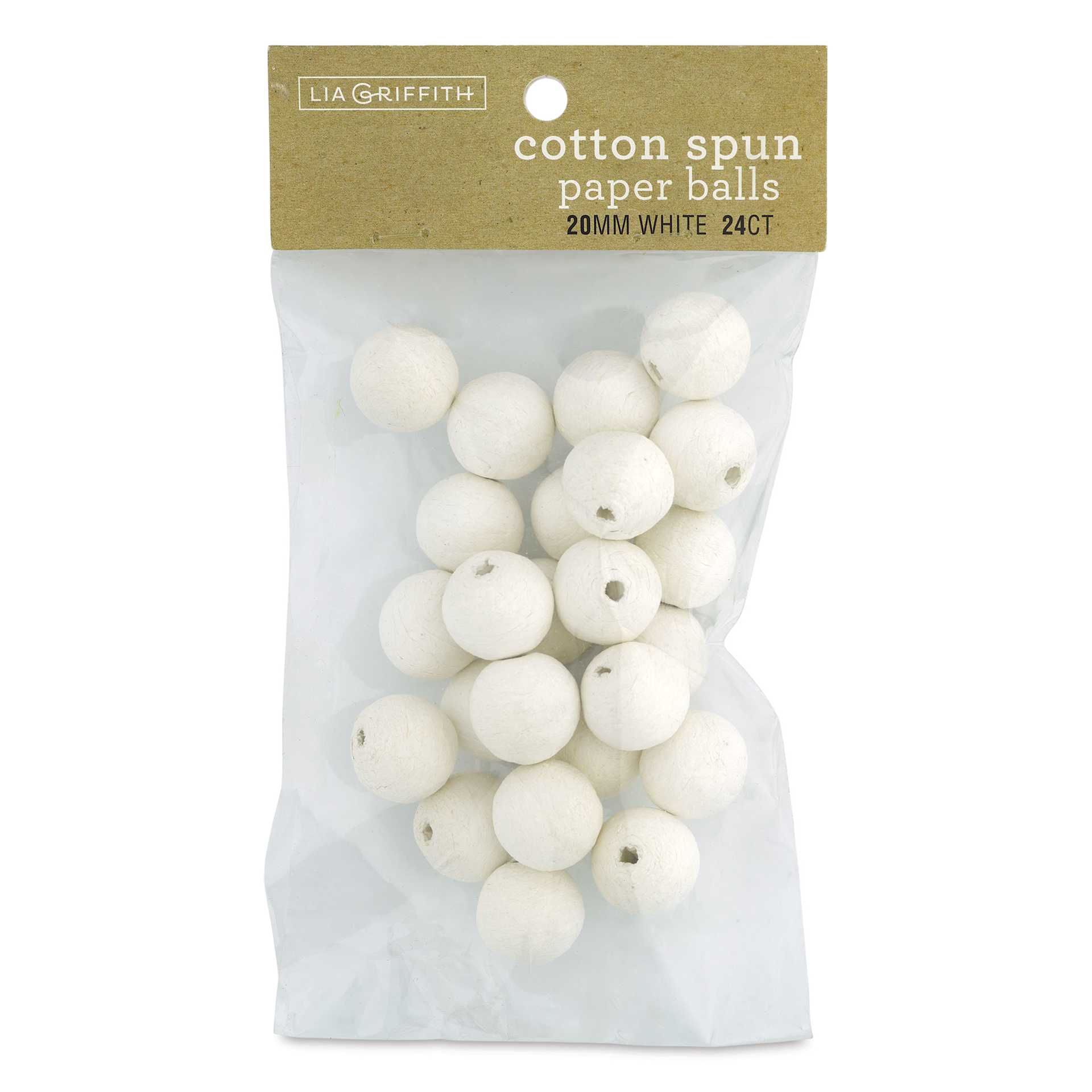 Lia Griffith Cotton Spun Paper Balls - White, 20 mm, Pkg of 24, front of the packaging