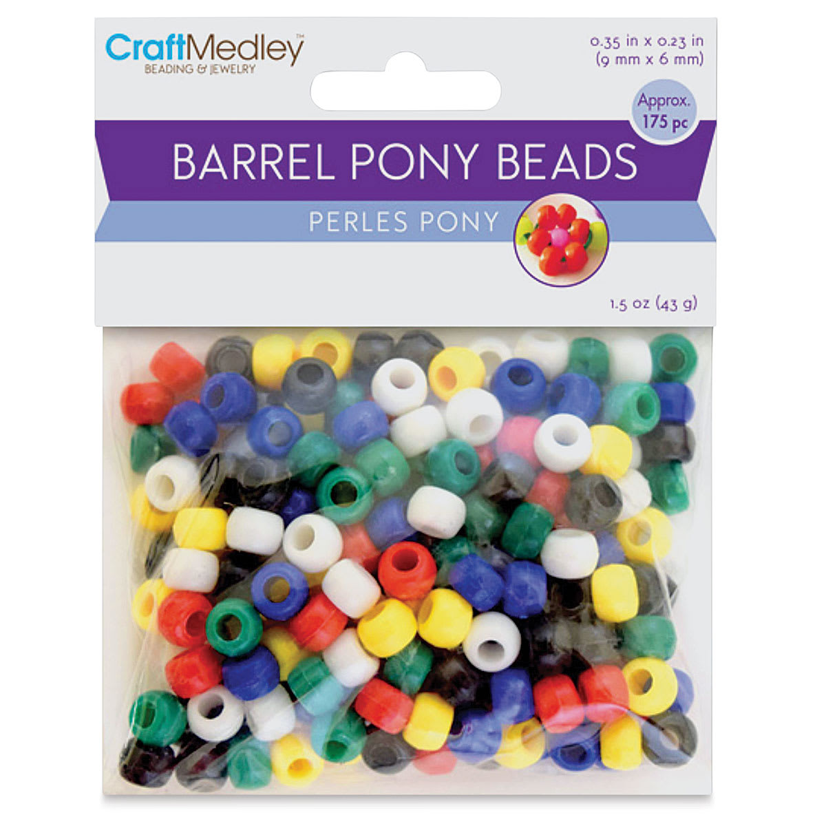 Craft Medley Barrel Pony Beads - Multicolor, Opaque, Package of 175 (In packaging)