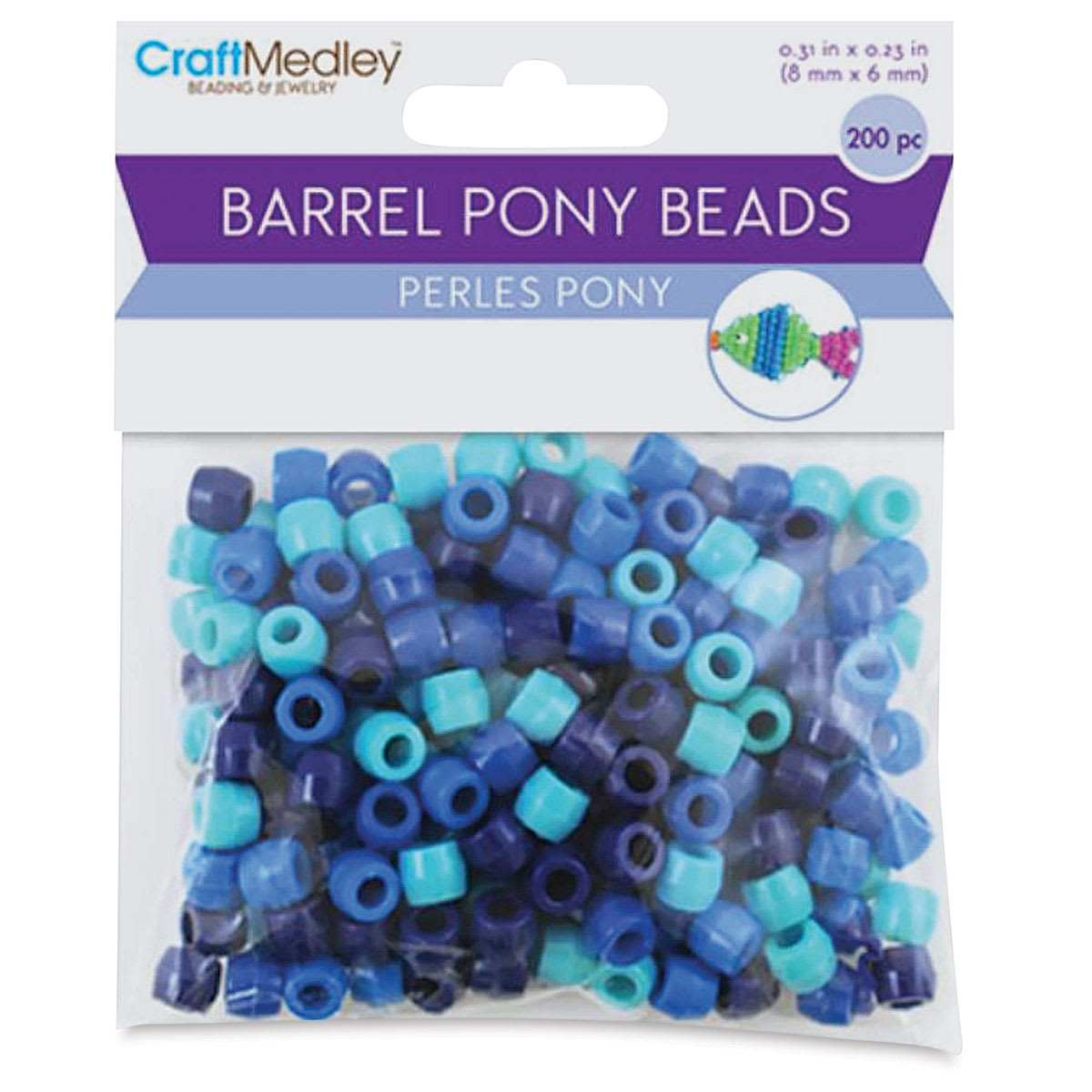 Craft Medley Barrel Pony Beads - The Blues, Package of 200 (In packaging)