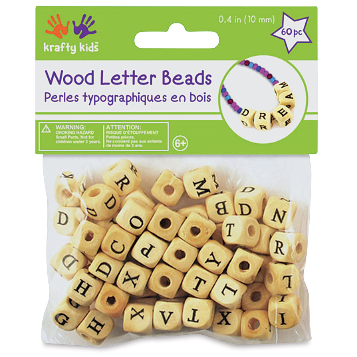 Krafty Kids Wood Alphabet Beads - Natural, 10 mm, Package of 60 (In packaging)