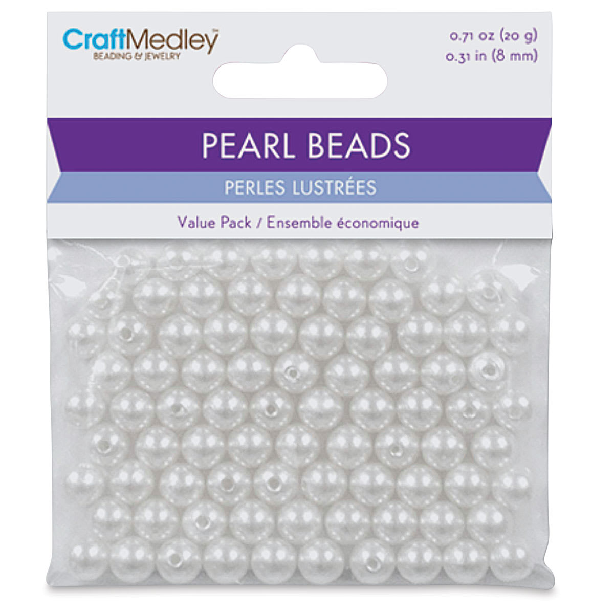 Craft Medley Pearl Acrylic Beads - White, 8 mm, Package of 80 (In packaging)