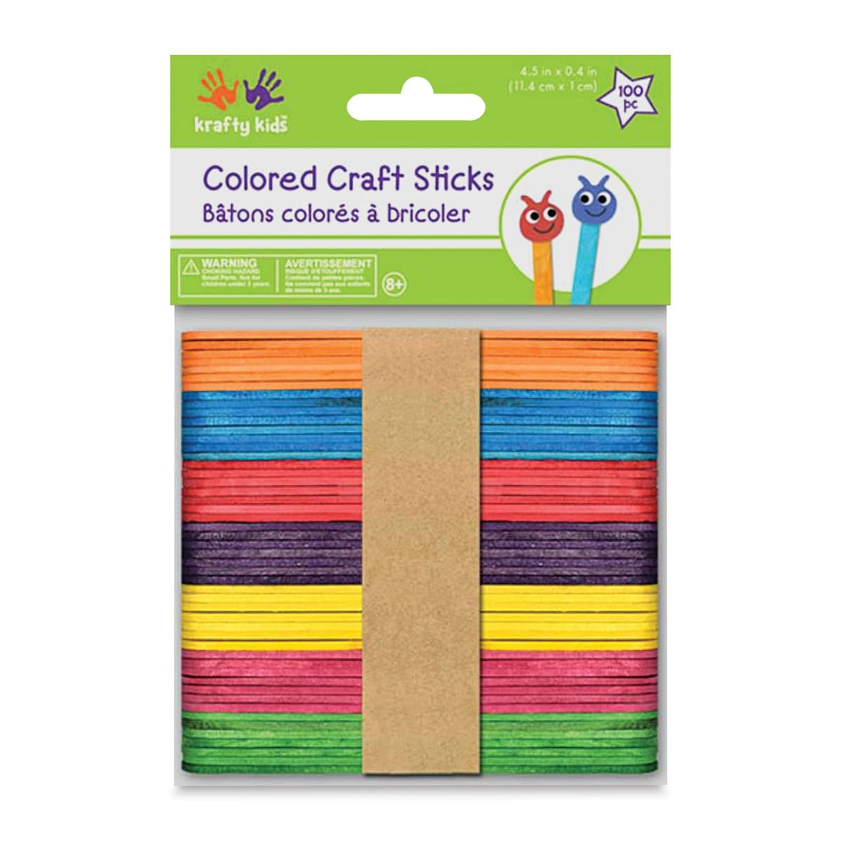 Krafty Kids Colored Craft Sticks - 2/5" W x 4-1/2" L, Assorted Colors, Package of 100 (In packaging)