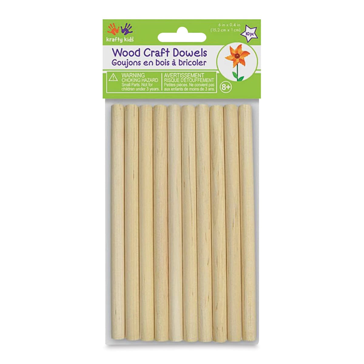 Krafty Kids Dowel Rods - 3/8" W x 6" L, Pkg of 10, front of the packaging