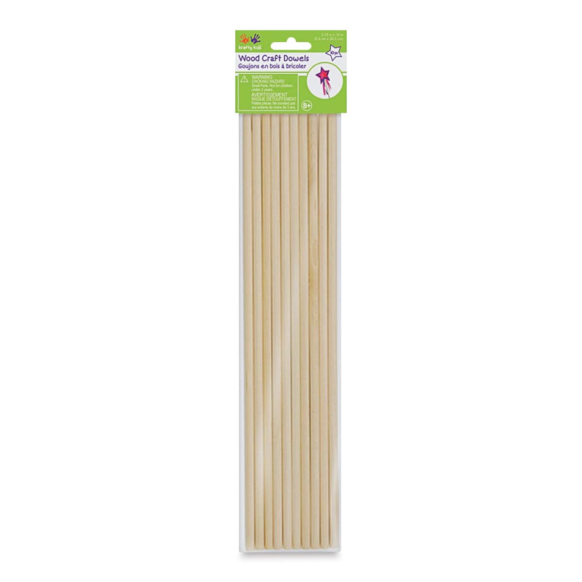 Krafty Kids Dowel Rods - 1/4" W x 12" L, Pkg of 10, front of the packaging