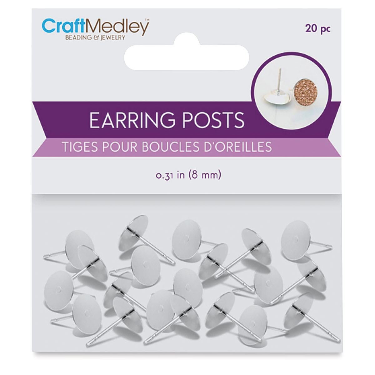 Craft Medley Earring Posts - Silver, Package of 20, 8 mm