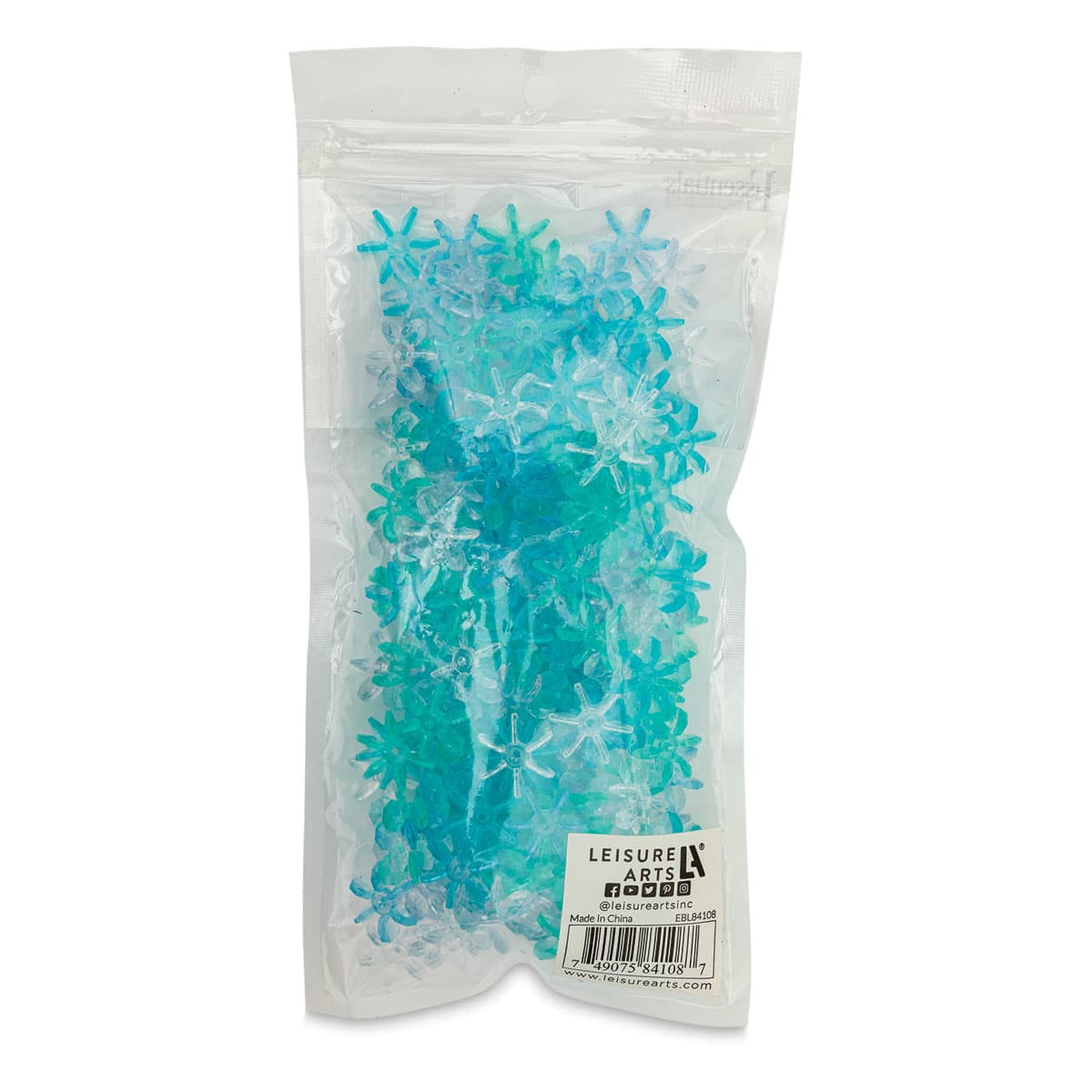 Essentials by Leisure Arts Snowflake Beads - Ice, Transparent, 18 mm, Package of 200 (Back of packaging)