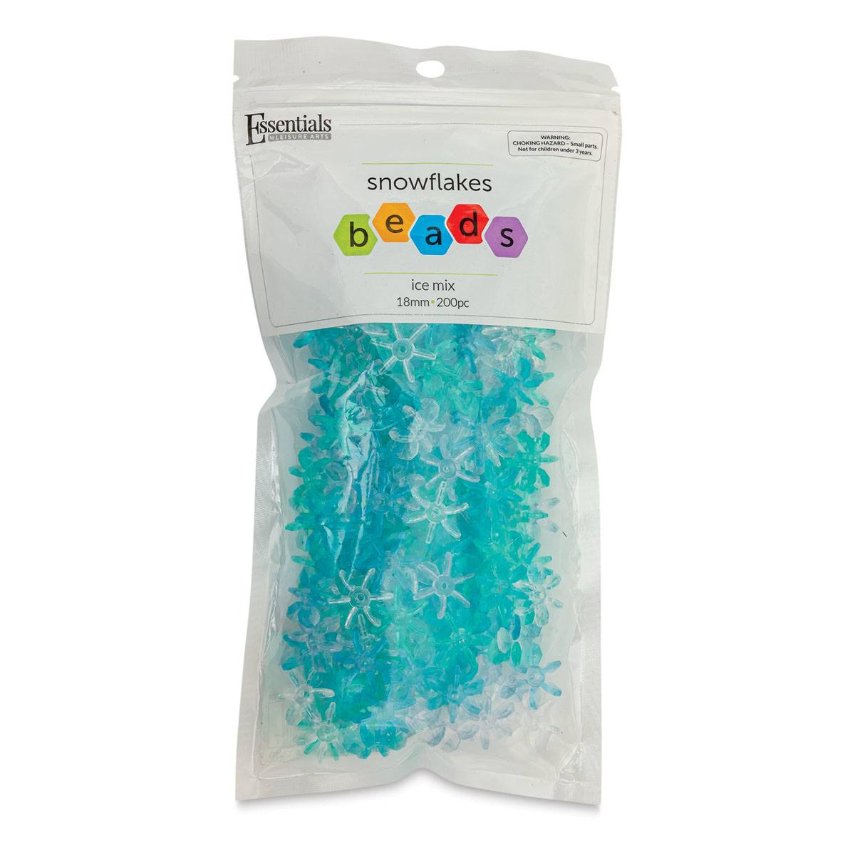 Essentials by Leisure Arts Snowflake Beads - Ice, Transparent, 18 mm, Package of 200 (Front of packaging)