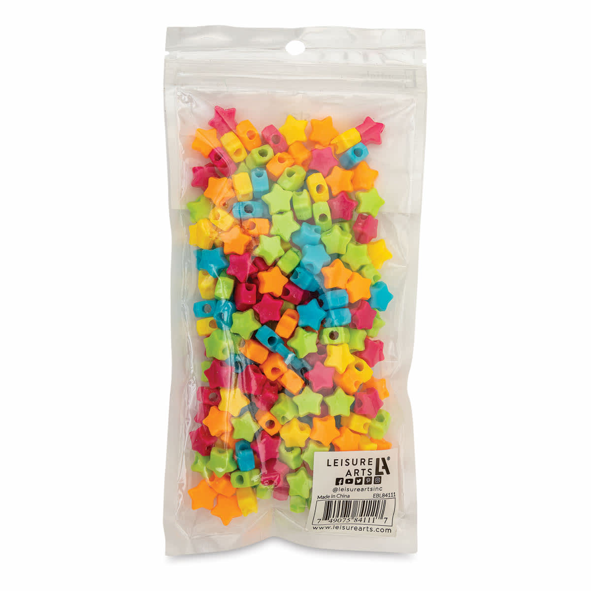 Essentials by Leisure Arts Star Beads - Assorted Colors, Opaque, 12 mm, Package of 225 (Back of packaging)