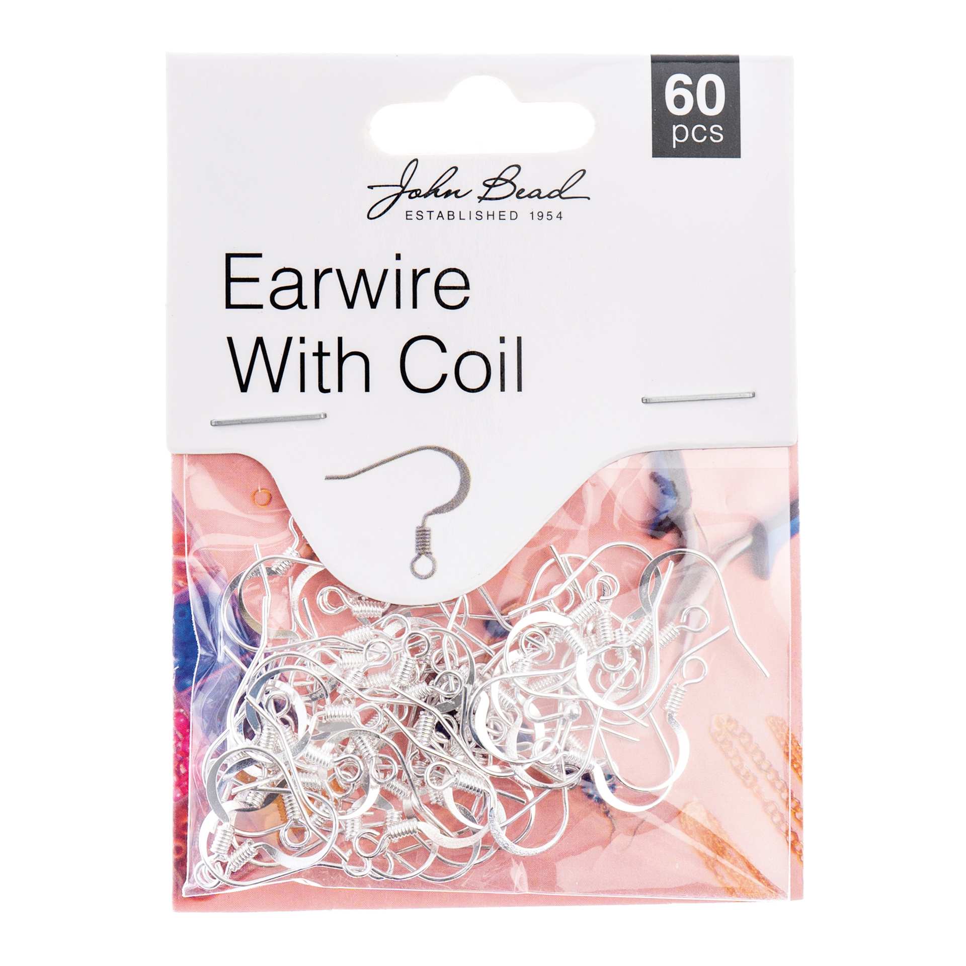 John Bead Must Have Findings Earwires - w/ Coil, Pkg of 60, Silver, 18 mm front of packaging