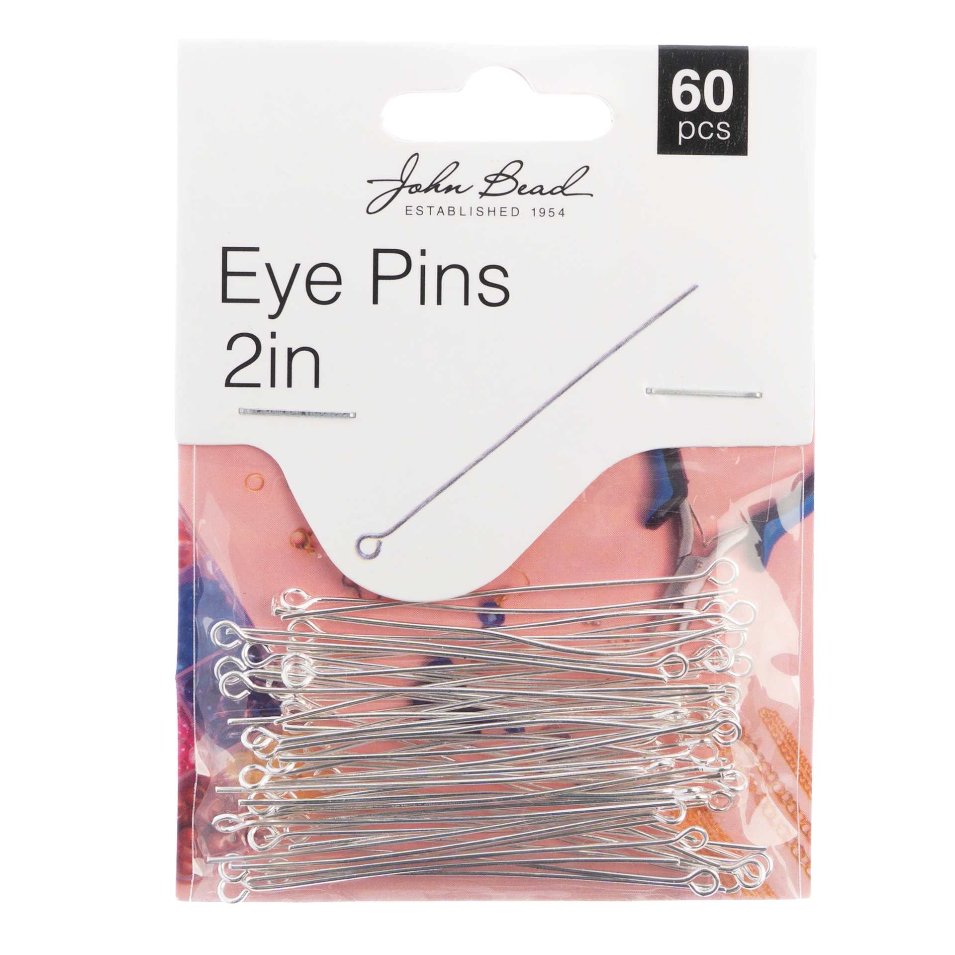John Bead Must Have Findings Eye Pins - Pkg of 60, Silver, 2 in front of packaging