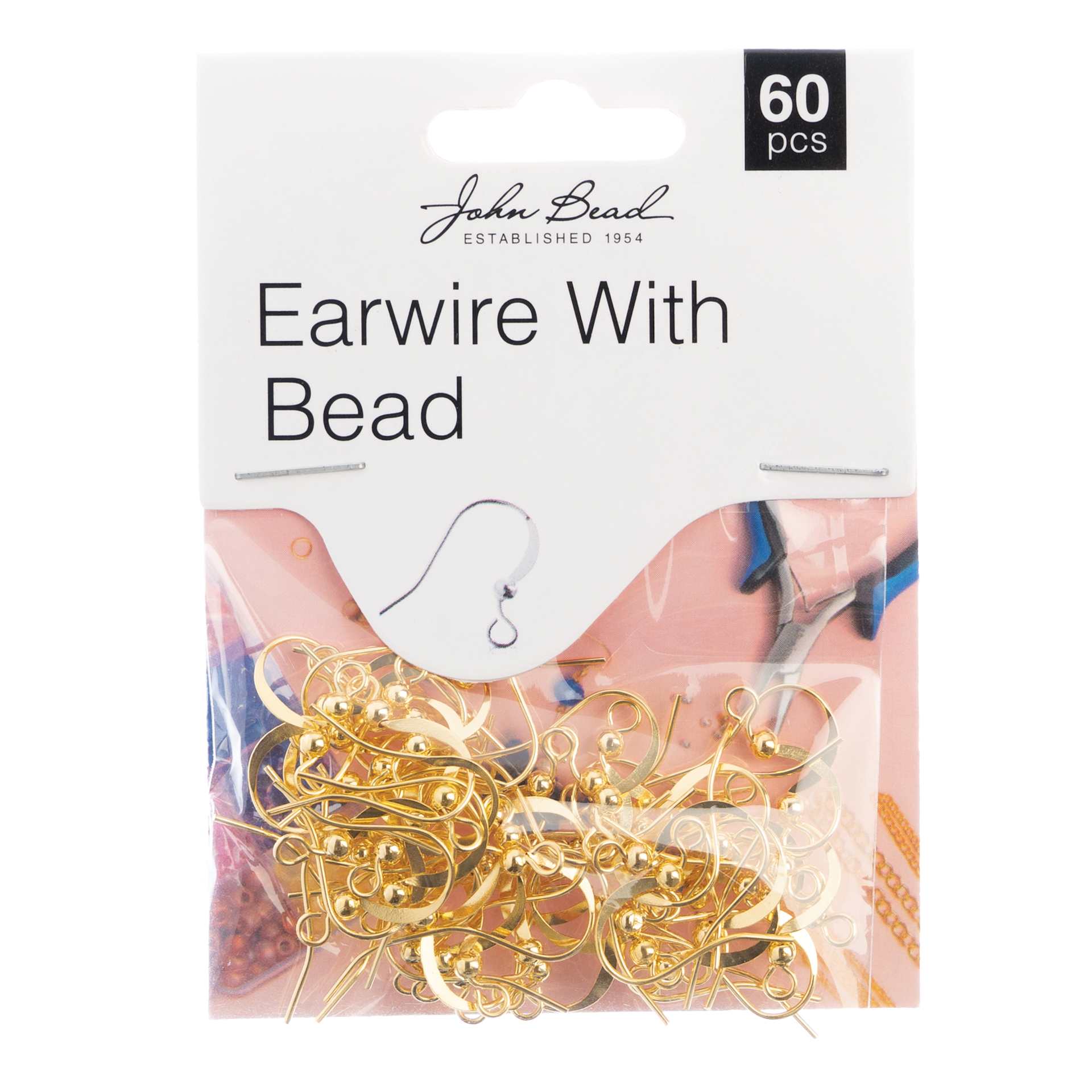 John Bead Must Have Findings Earwires - w/ Bead, Pkg of 60, Gold, 18 mm front of packaging