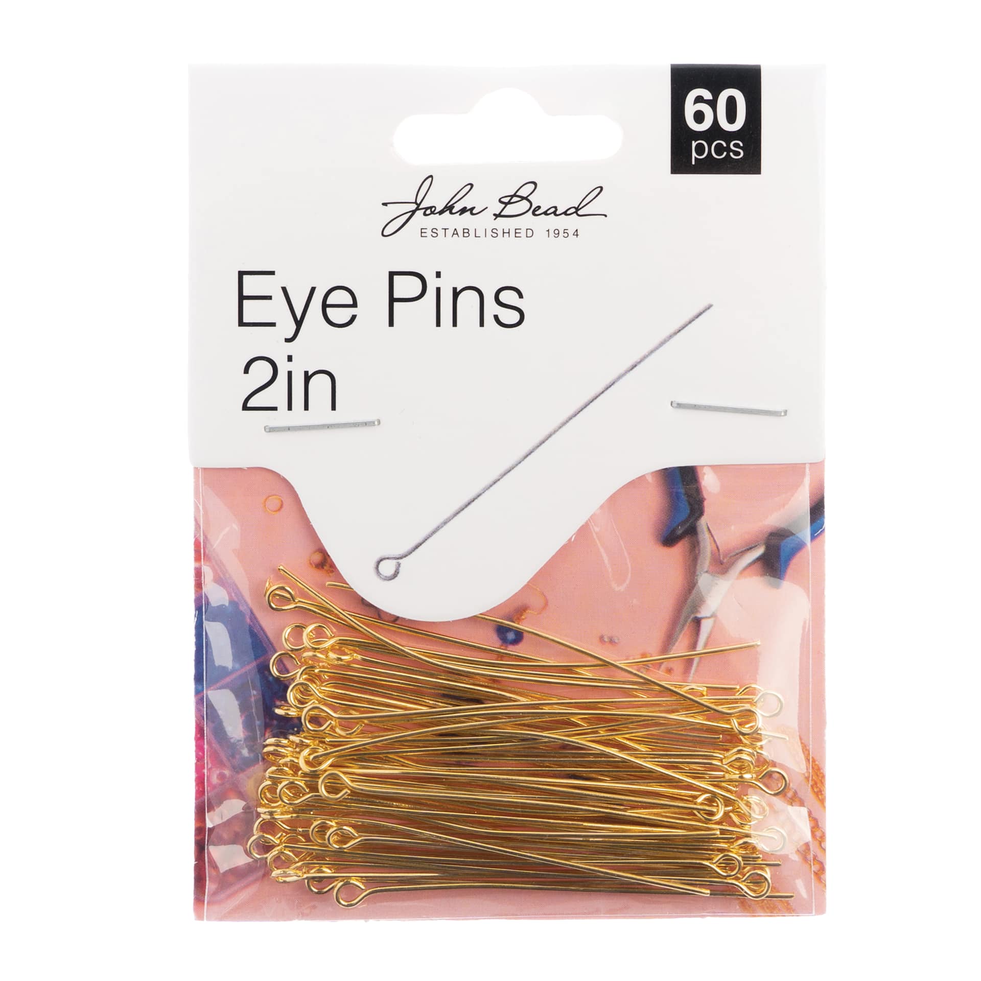 John Bead Must Have Findings Eye Pins - Pkg of 60, Gold, 2 in front of packaging