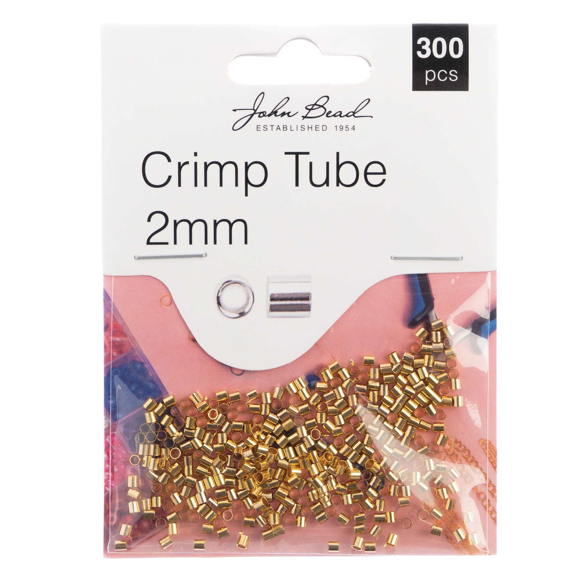 John Bead Must Have Findings Crimp Tubes - Pkg of 300, Gold, 2 mm Dia. front of packaging