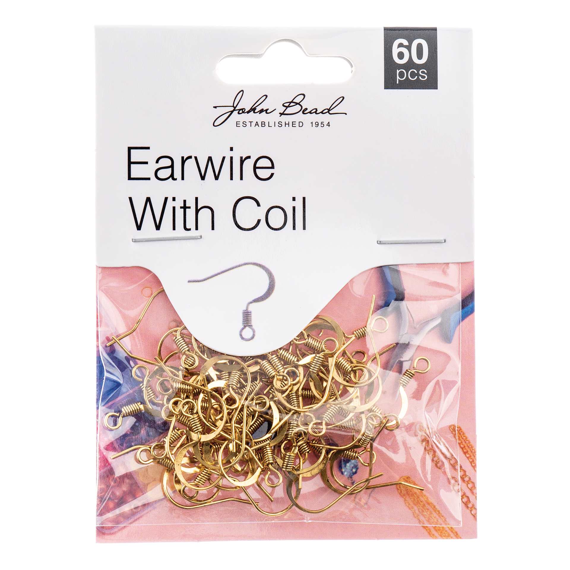 John Bead Must Have Findings Earwires - w/ Coil, Pkg of 60, Antique Gold, 18 mm front of packaging