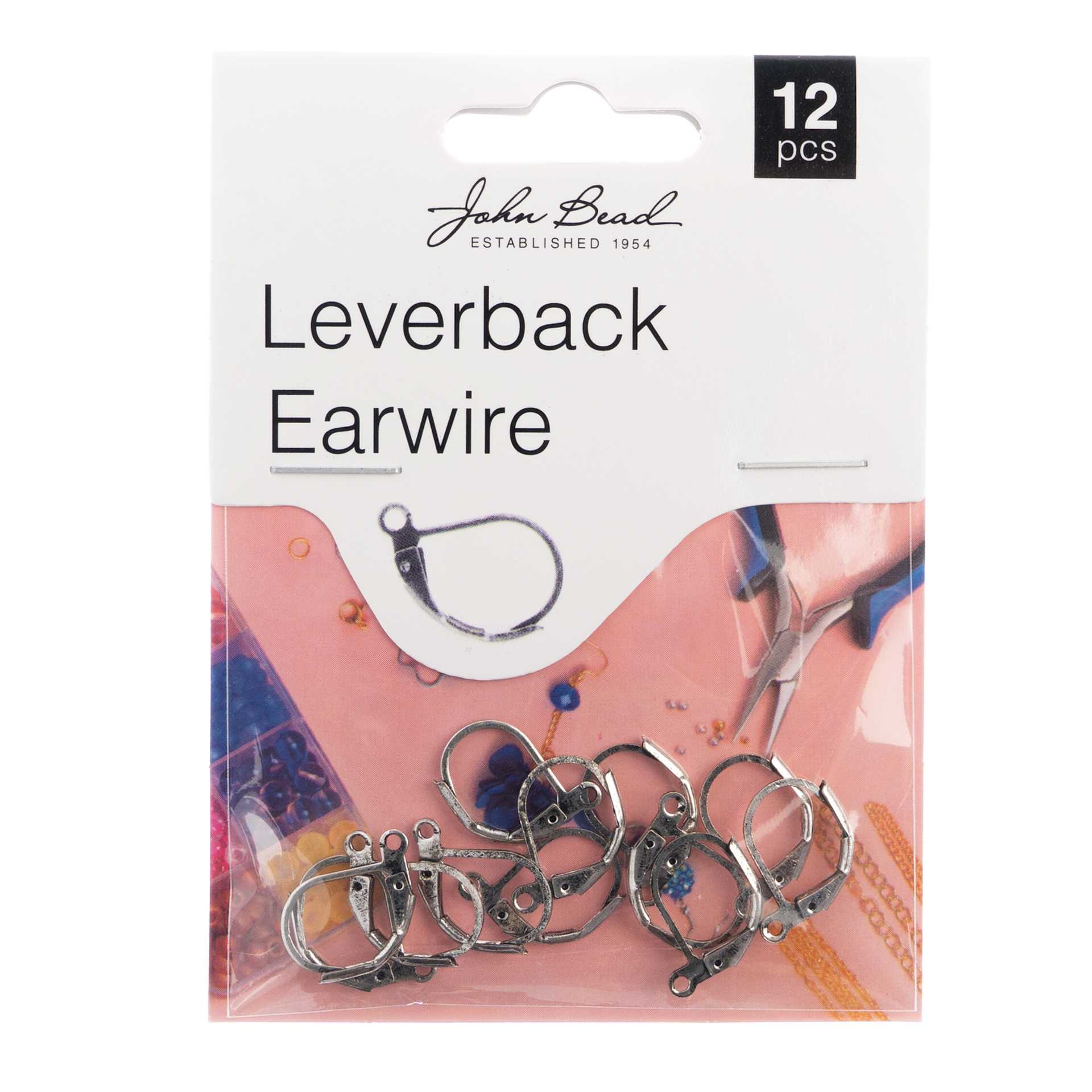 John Bead Must Have Findings Earwires - Leverback, Pkg of 12, Antique Silver, 15 mm front of packaging