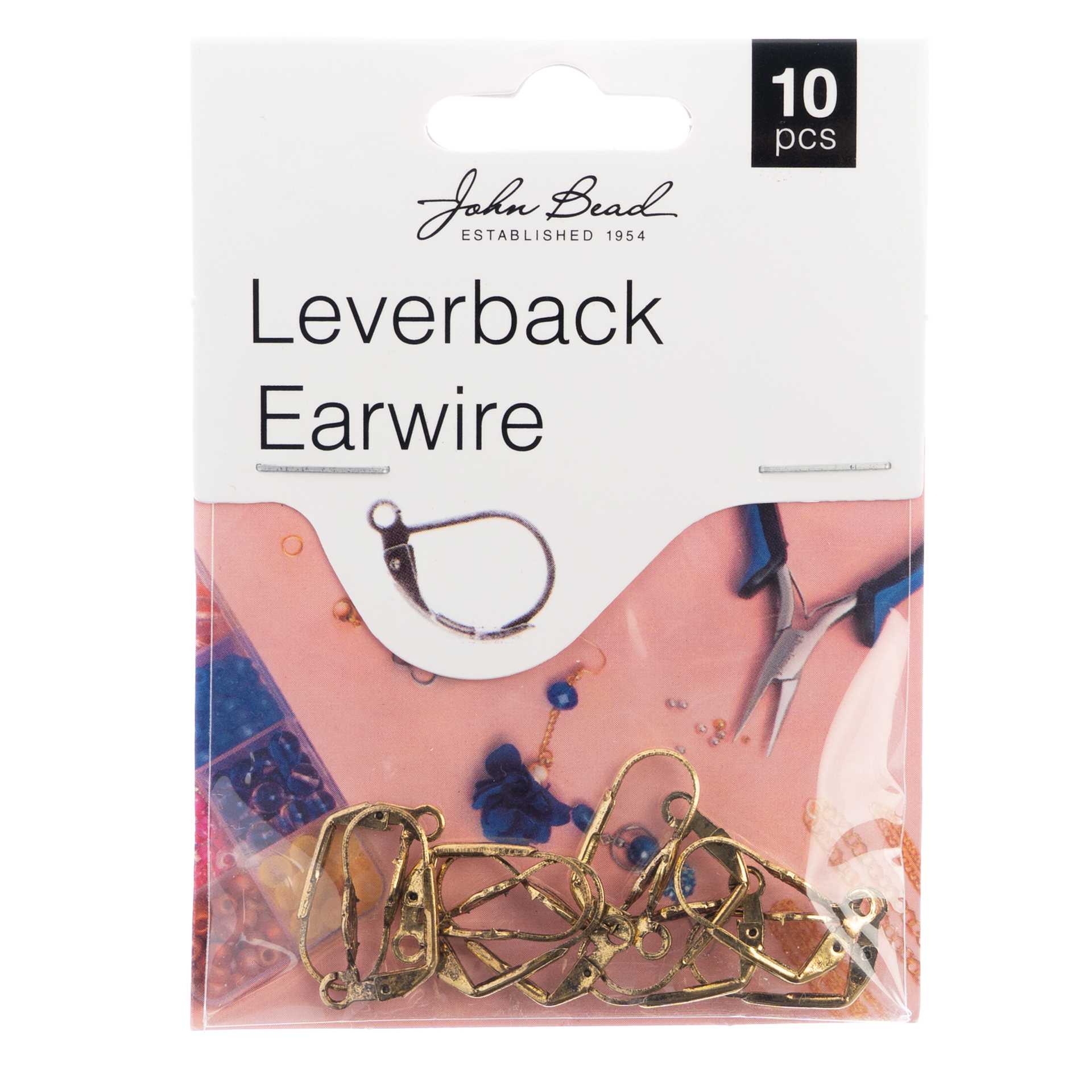 John Bead Must Have Findings Earwires - Leverback, Pkg of 10, Antique Gold, 19 mm front of packaging