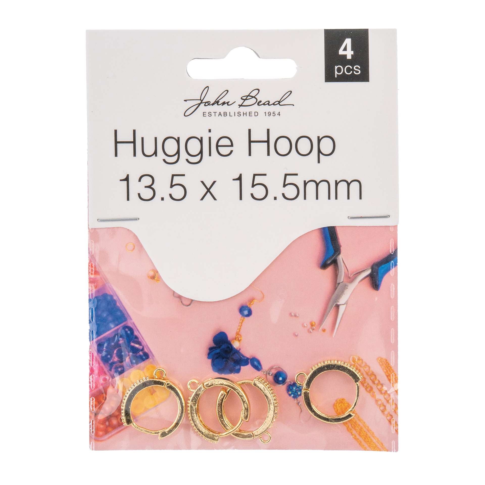 John Bead Must Have Findings Huggie Hoops - Pkg of 4, Gold, 13.5 mm x 15.5 mm front of packaging