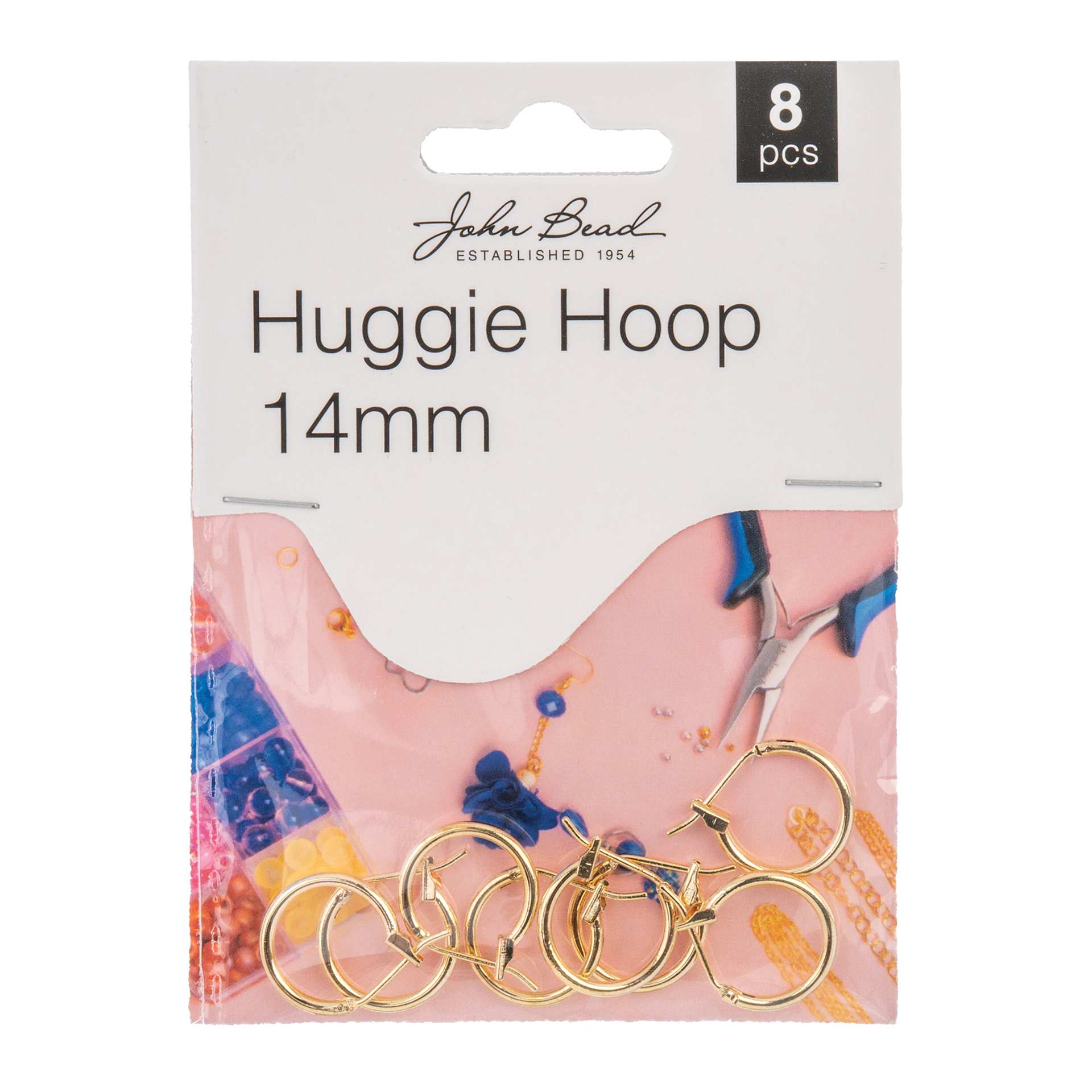 John Bead Must Have Findings Huggie Hoops - Pkg of 8, Gold, 14 mm front of packaging
