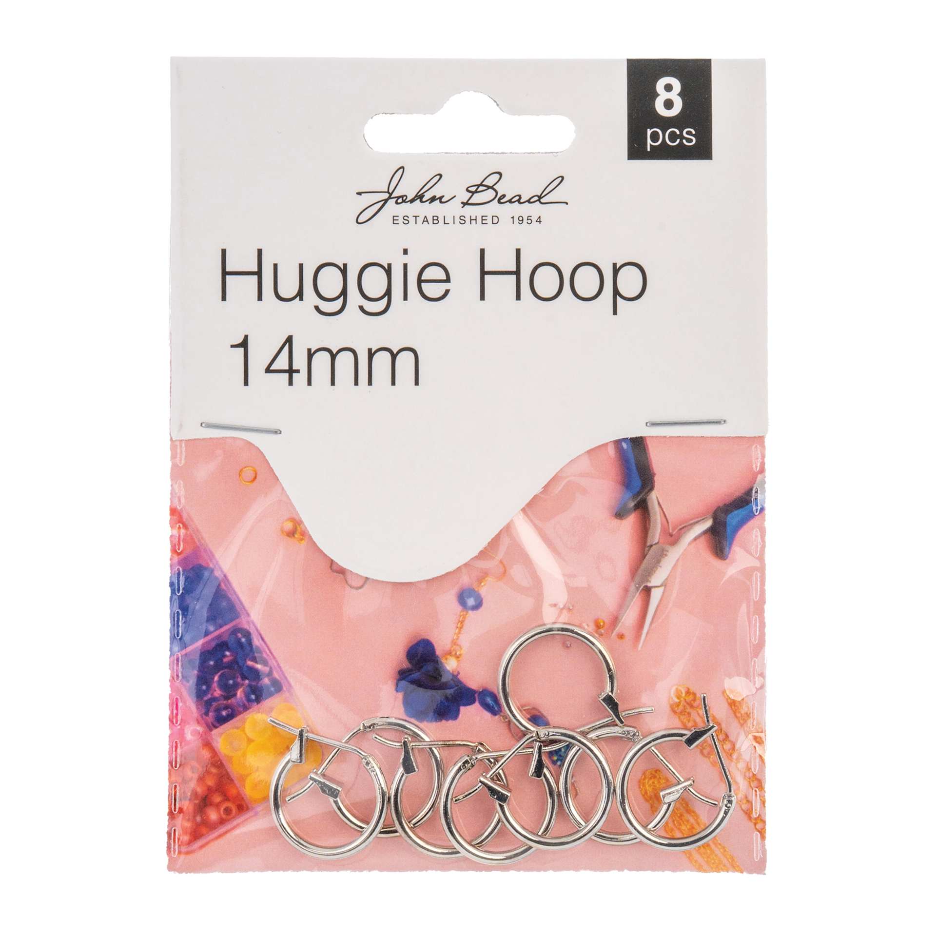 John Bead Must Have Findings Huggie Hoops - Pkg of 8, Silver, 14 mm front of packaging