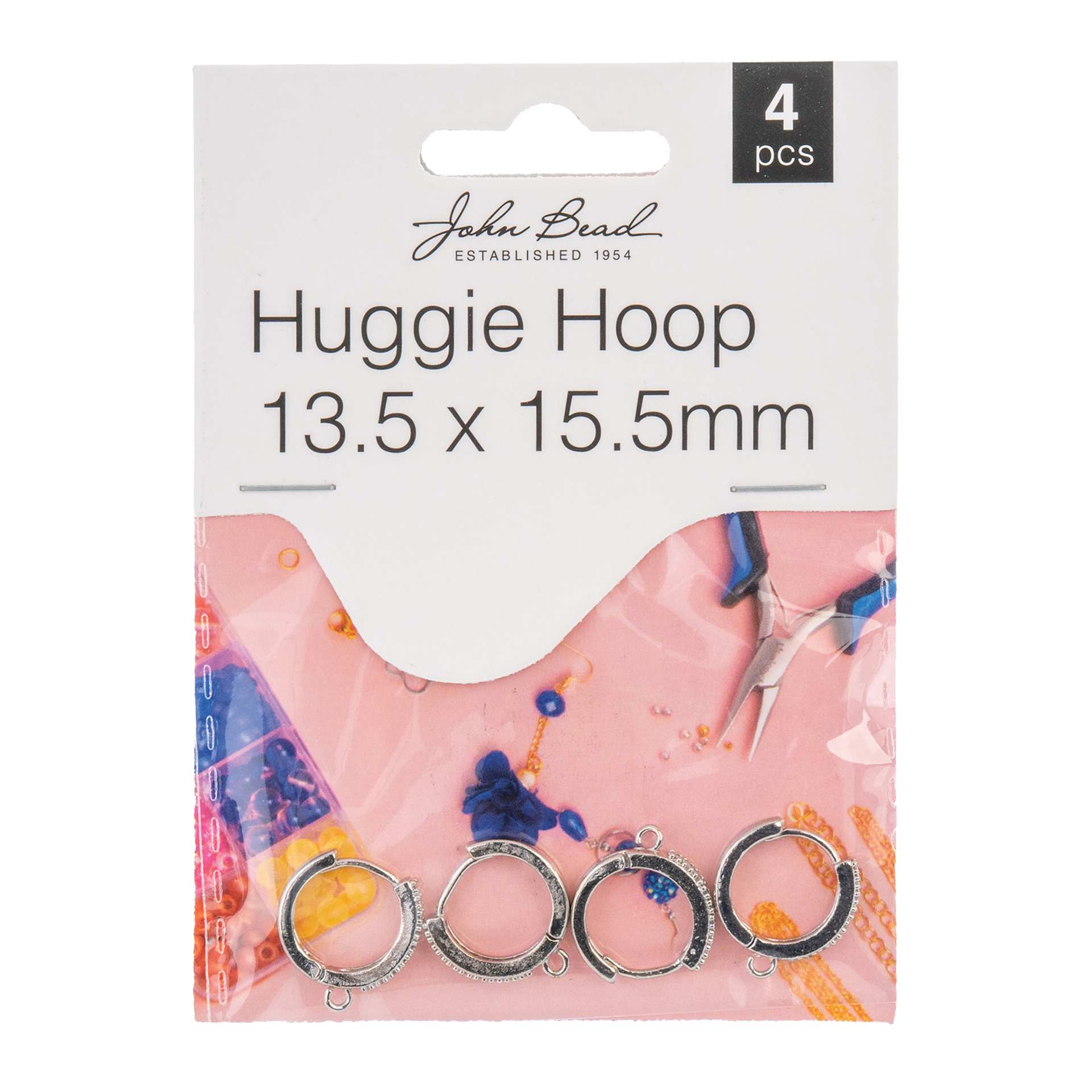 John Bead Must Have Findings Huggie Hoops - Pkg of 4, Silver, 13.5 mm x 15.5 mm front of packaging
