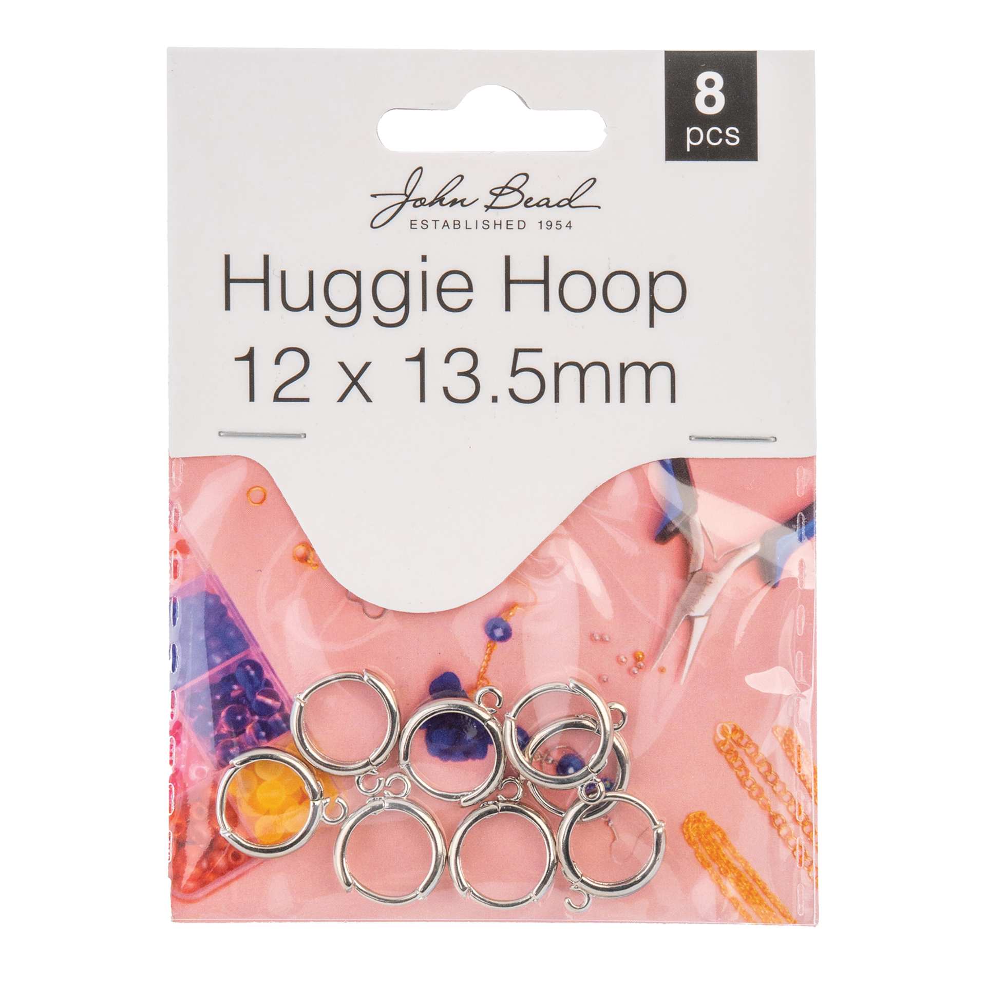 John Bead Must Have Findings Huggie Hoops - Pkg of 8, Silver, 12 mm x 13.5 mm front of packaging