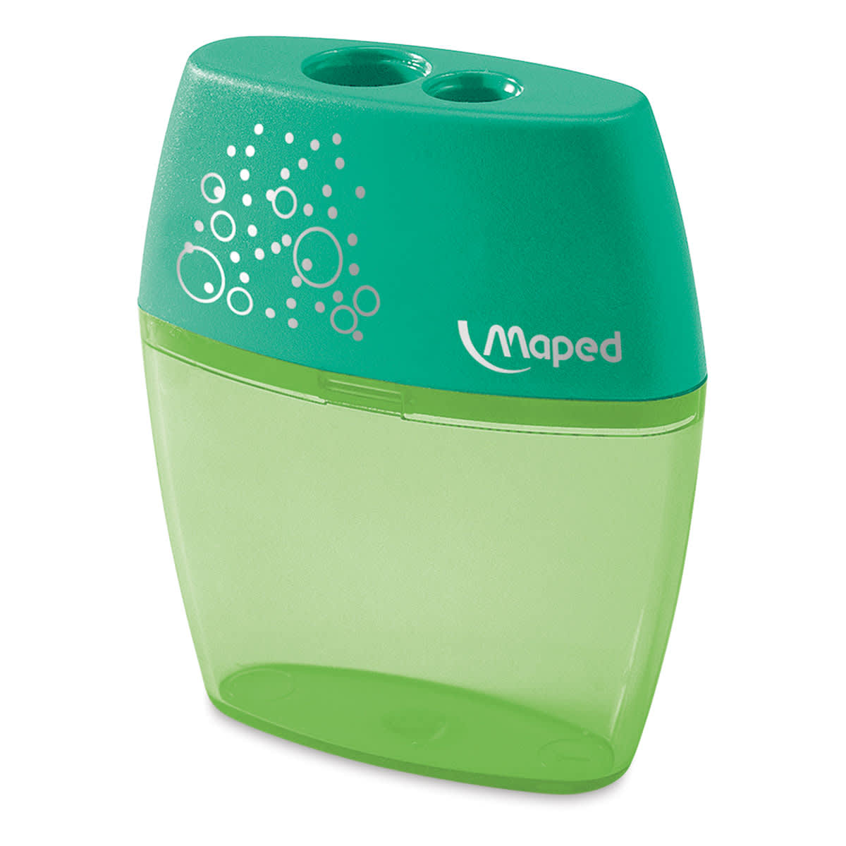 Maped Shaker 2-Hole Pencil Sharpener - Angled view of green sharpener