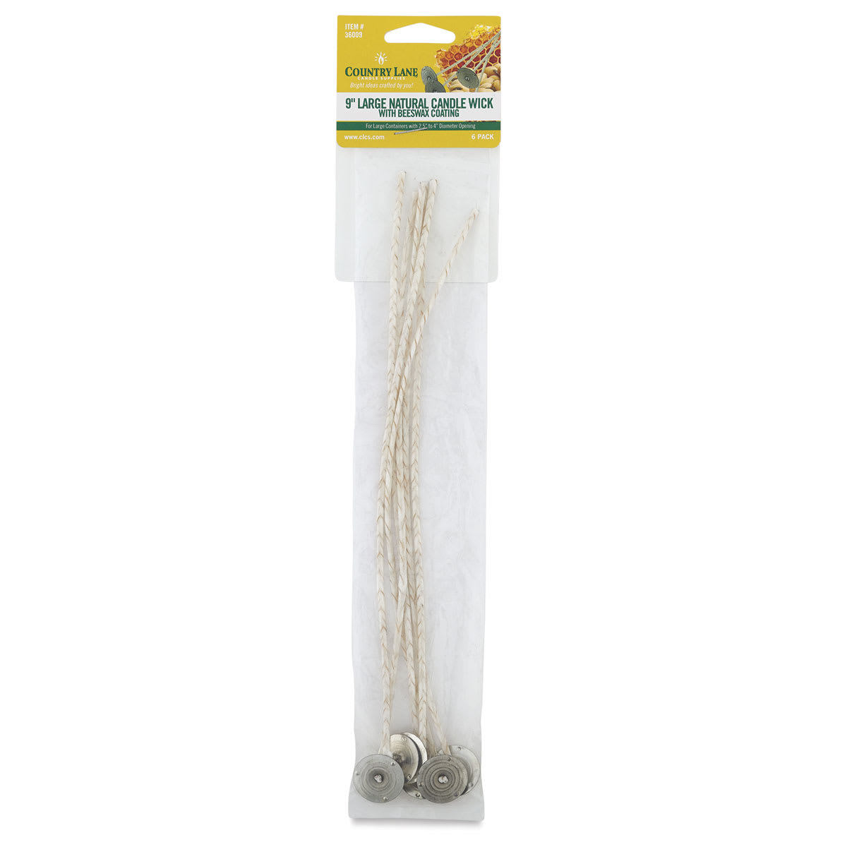 Country Lane Assembled Candle Wicks - Front of package of 6 Medium Natural Candle Wicks